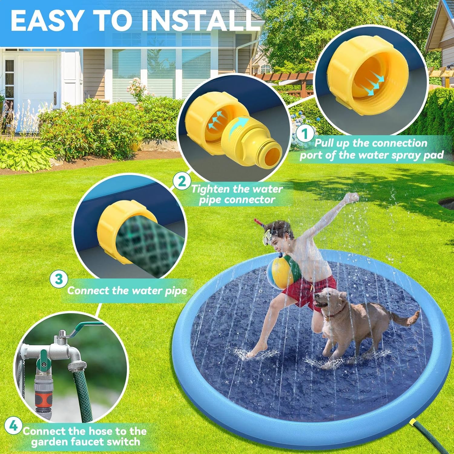 Alfombra De Agua Splash Pad De 170 Cm Con Diseño Marino – Aspersor Para Niños Y Mascotas, Antideslizante Y Ajustable