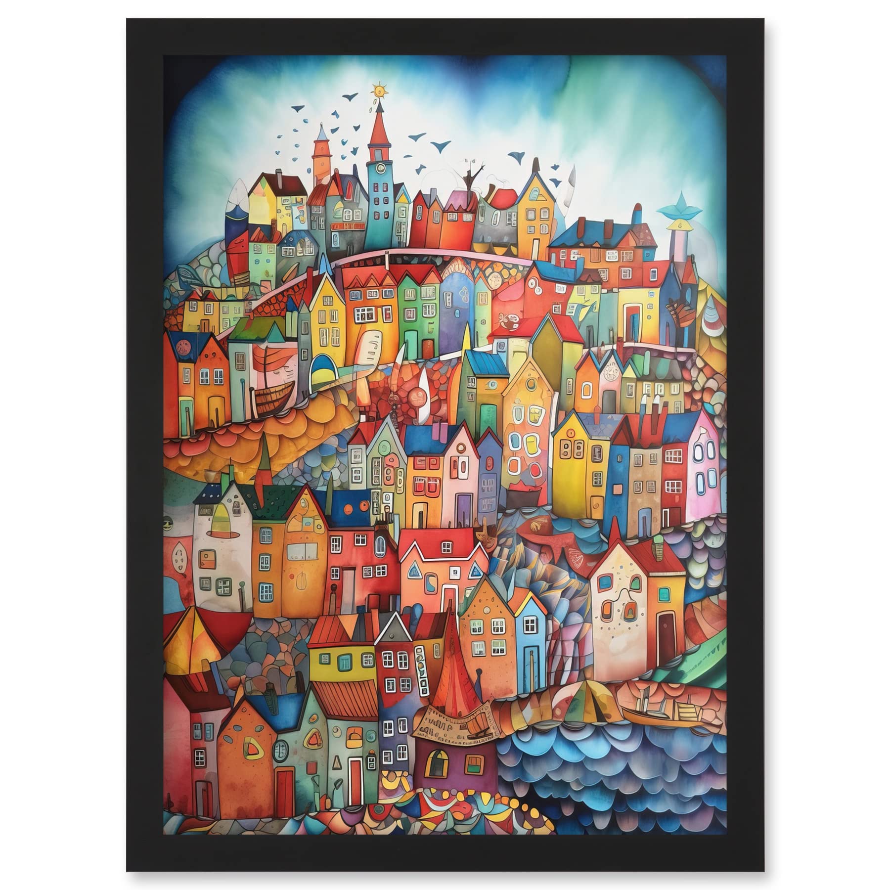 Artery8 Abstract Fishing Village Folk Art Artwork Framed A3 Wall Art Print