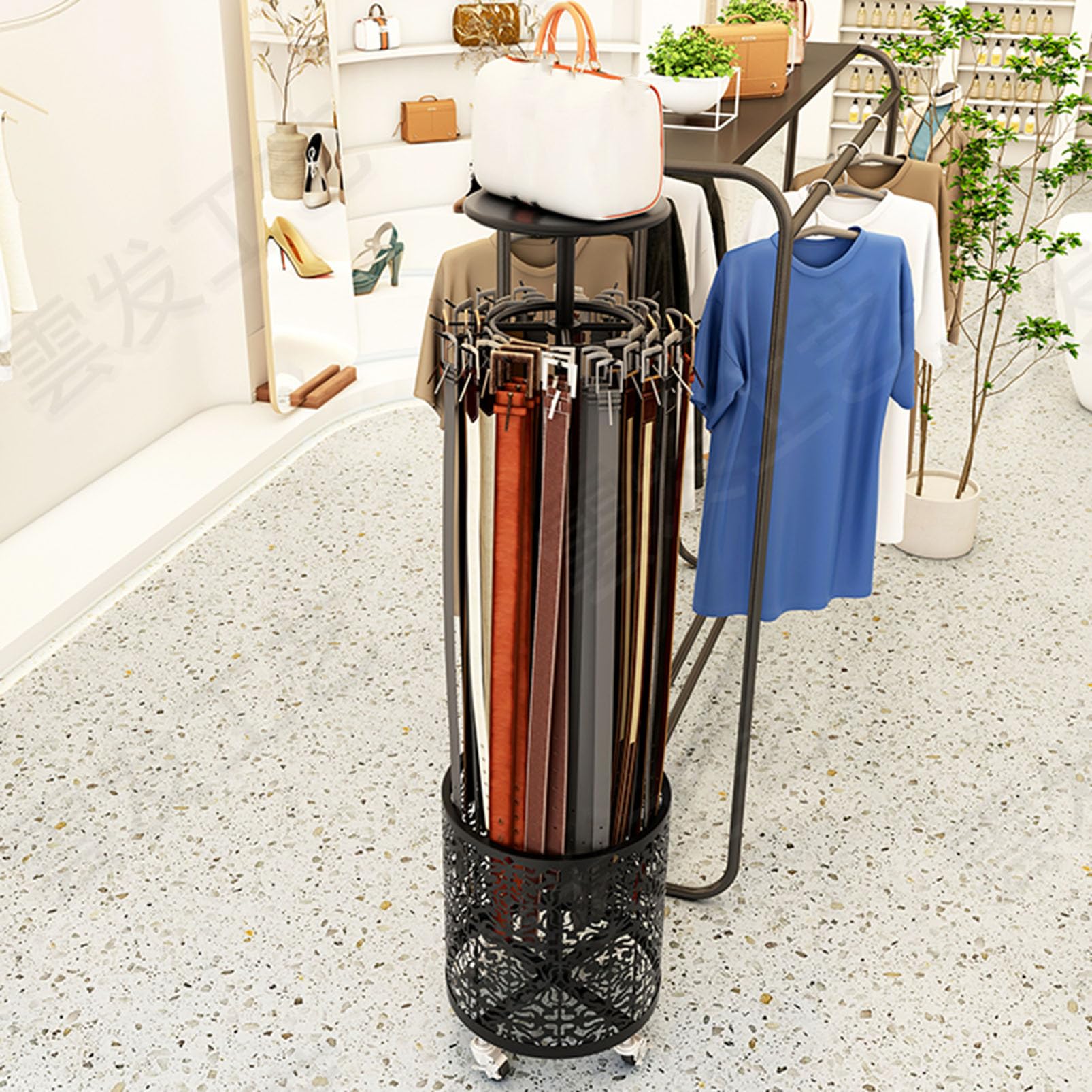 YNBSHGAA Floor Standing Belt Rack Retail Display Stand, Rotatable Belt Holder Belt Organizer, Closet Tie Rack Belt Storage Hanger Shelf, Scarf Stand Shawls Purse Shelf for Clothin,Black
