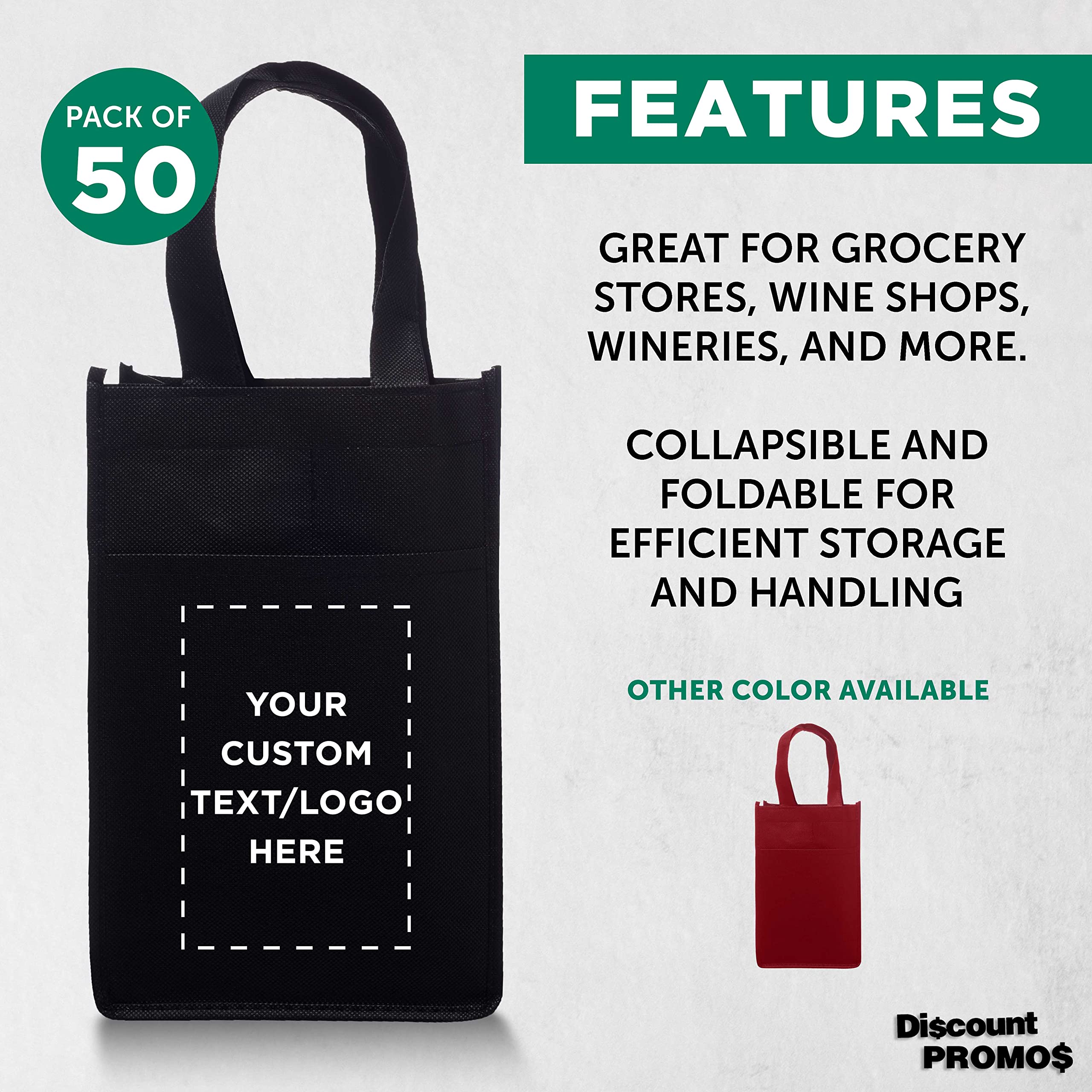 DISCOUNT PROMOS Custom Two Bottle Wine Bags Set of 10, Personalized Bulk Pack - Gift Bag, Tote Bag, Wine Carrier, Bottle Holder, Non- Woven, Reusable - Black