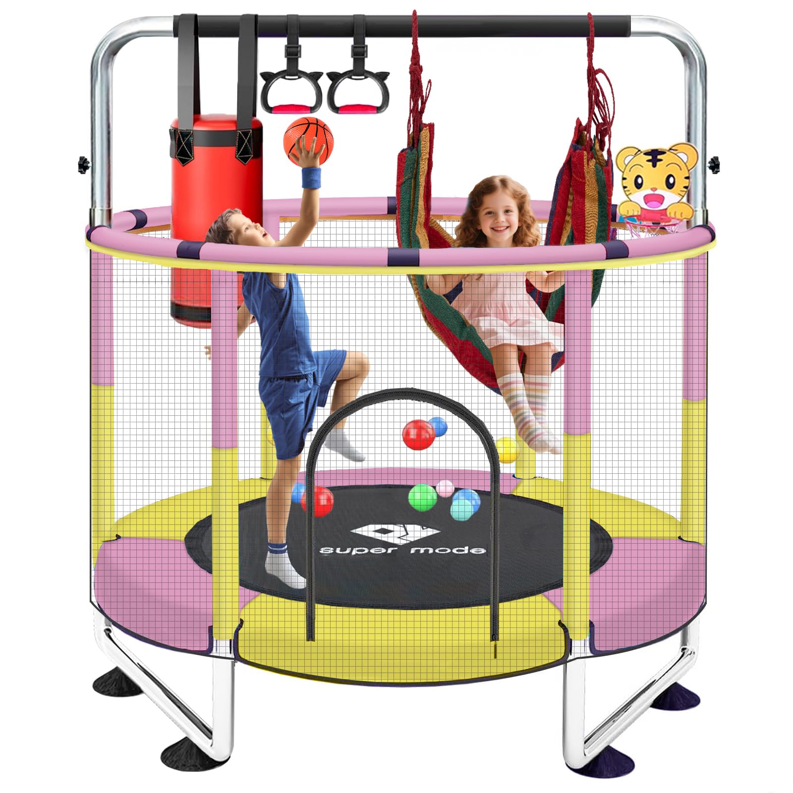 Trampoline for Kids, 5FT Adjustable Toddler Trampoline, Indoor/Outdoor Baby Trampoline with Enclosure Net, No-Gap Safe Design, Gifts for Boys & Girls
