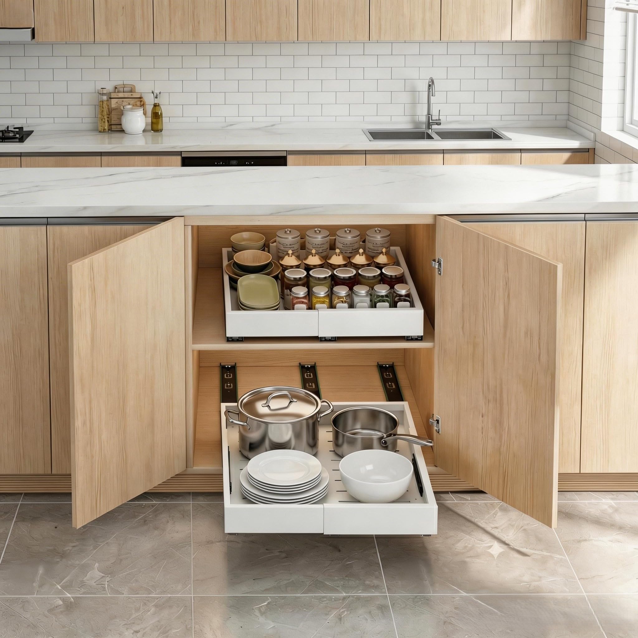 Ausziehbare Küchenschubladen, verstellbarer Organizer (30-49,5 x 42-56 cm) ohne Bohren, mit leistungsstarken Klebstoffen und Gleitschienen, optimiert Platz und einfachen Zugang, ideal für Schränke und
