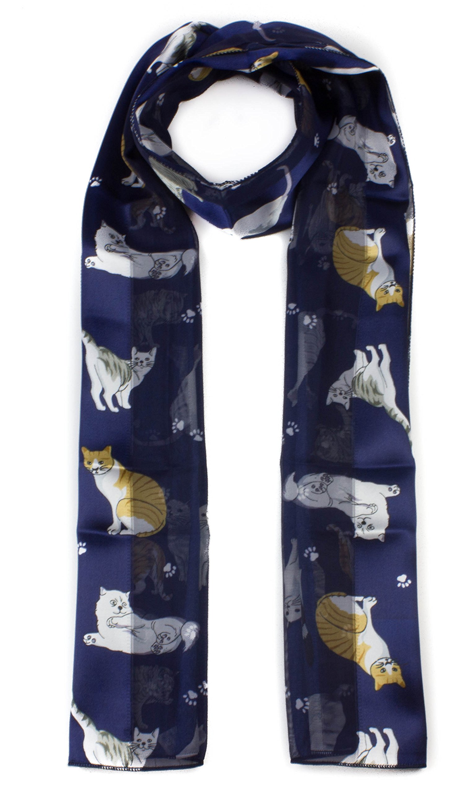 Mytoptrendz Women's Navy- Paw Mytoptrendz® Paw And Cute Cat Print Scarf Classic Printed Lightweight Silky Soft Feel Long Shiny Satin Chiffon Stripe Neck Wrap (Navy- Paw)
