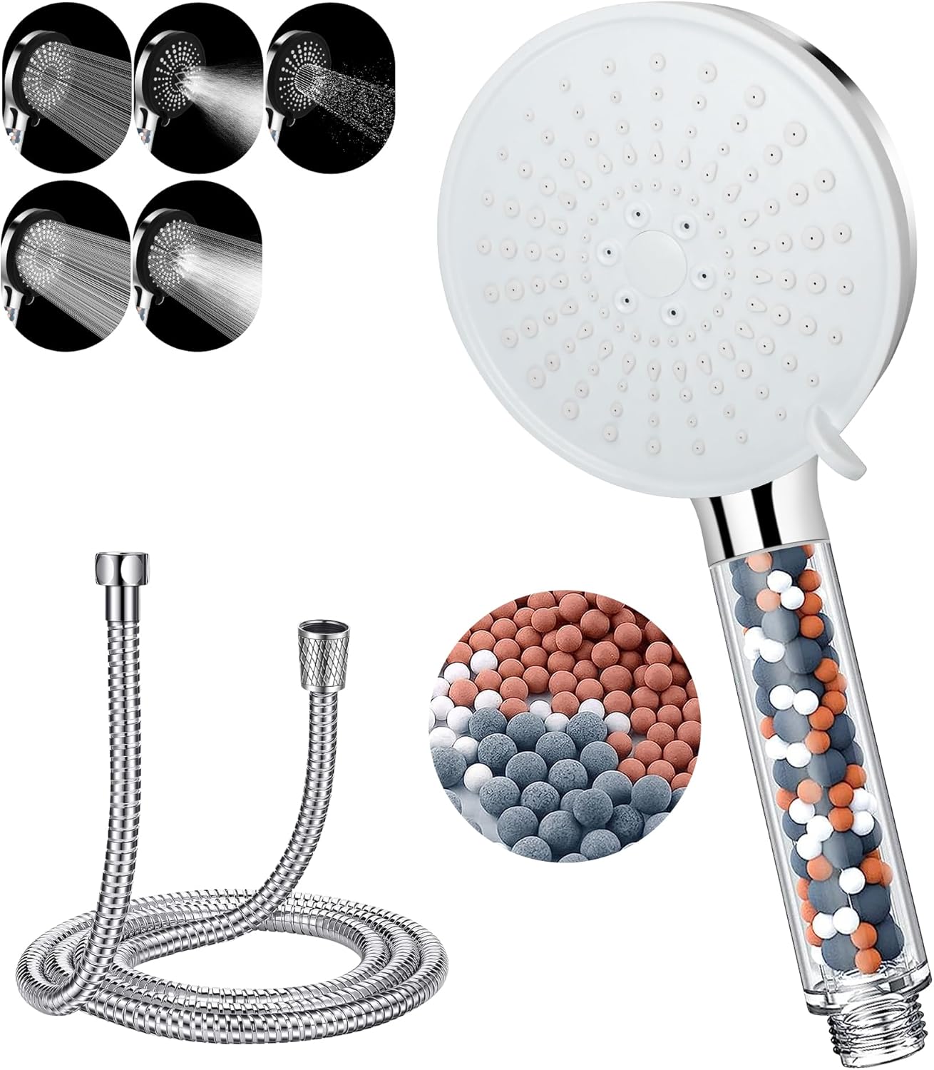 Shower Head Filter, 12cm Handheld Stone Shower Head, 5 Spray Modes