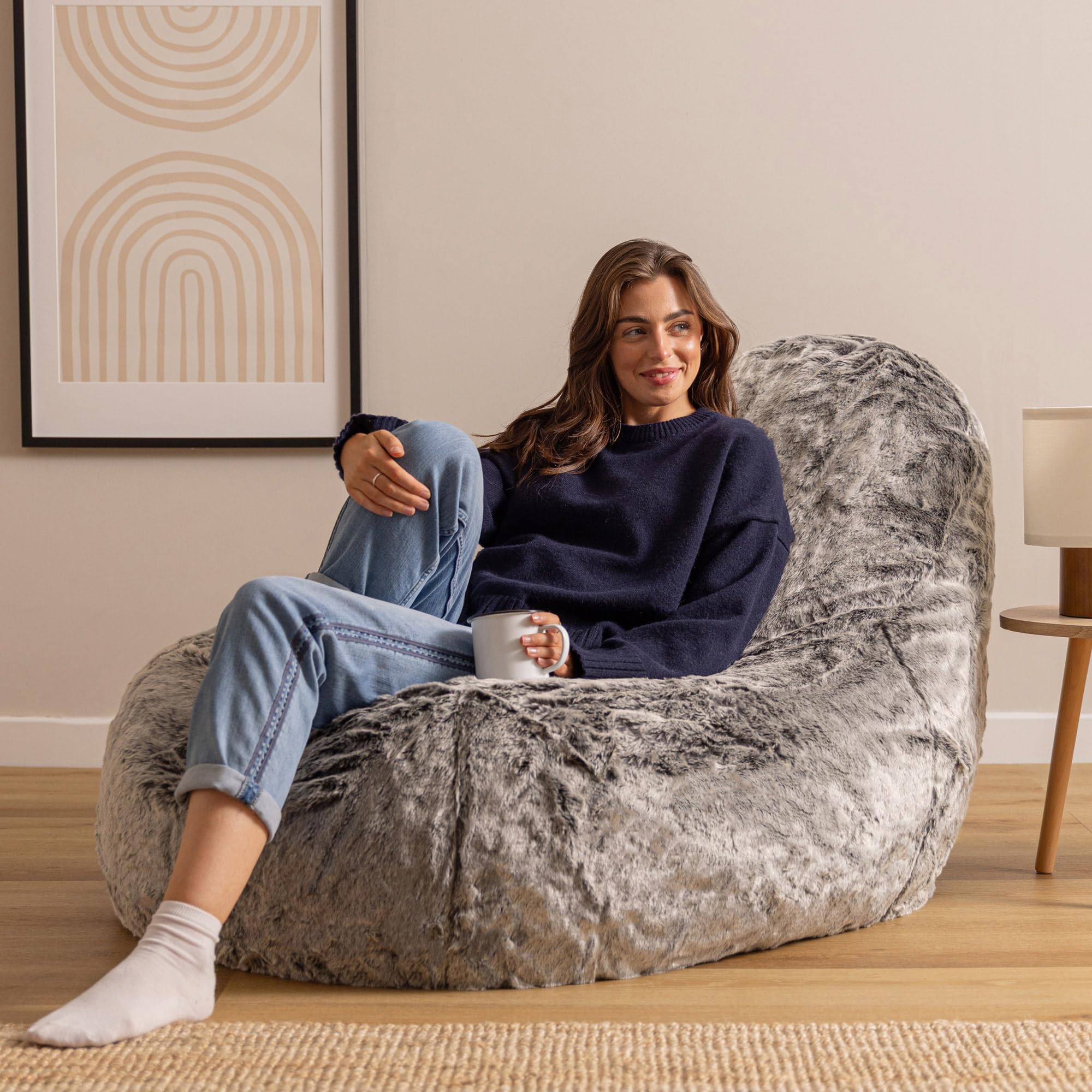 Icon Kunstfell Sitzsack-Liege für Erwachsene mit Füllung, Grau