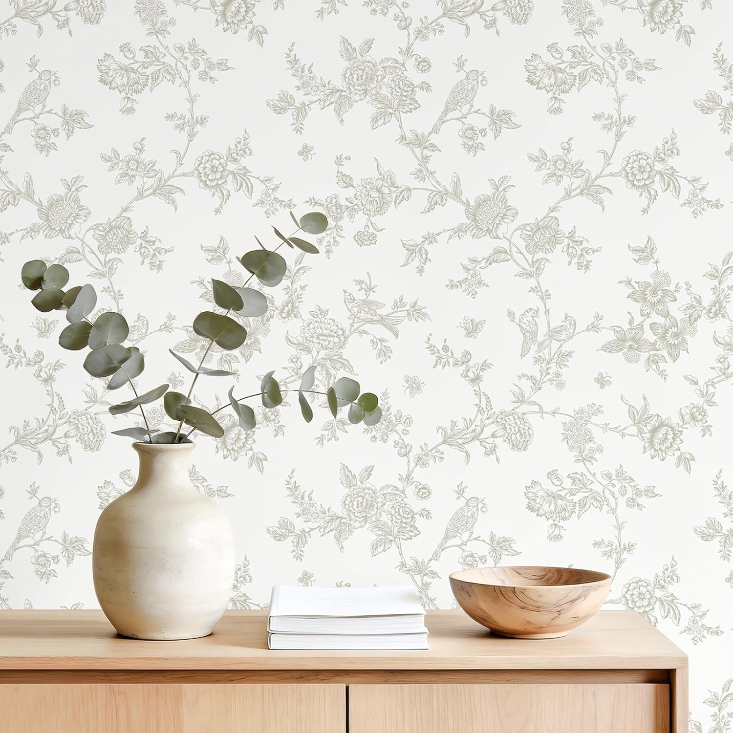 VEELIKE Chinoiserie Floral Trail Peel and Stick Wallpaper Cottagecore Beige Toile Wallpaper with Birds 17.7''x354'' Self Adhesive Contact Paper Removable Wall Covering for Bedroom Bathroom Nursery