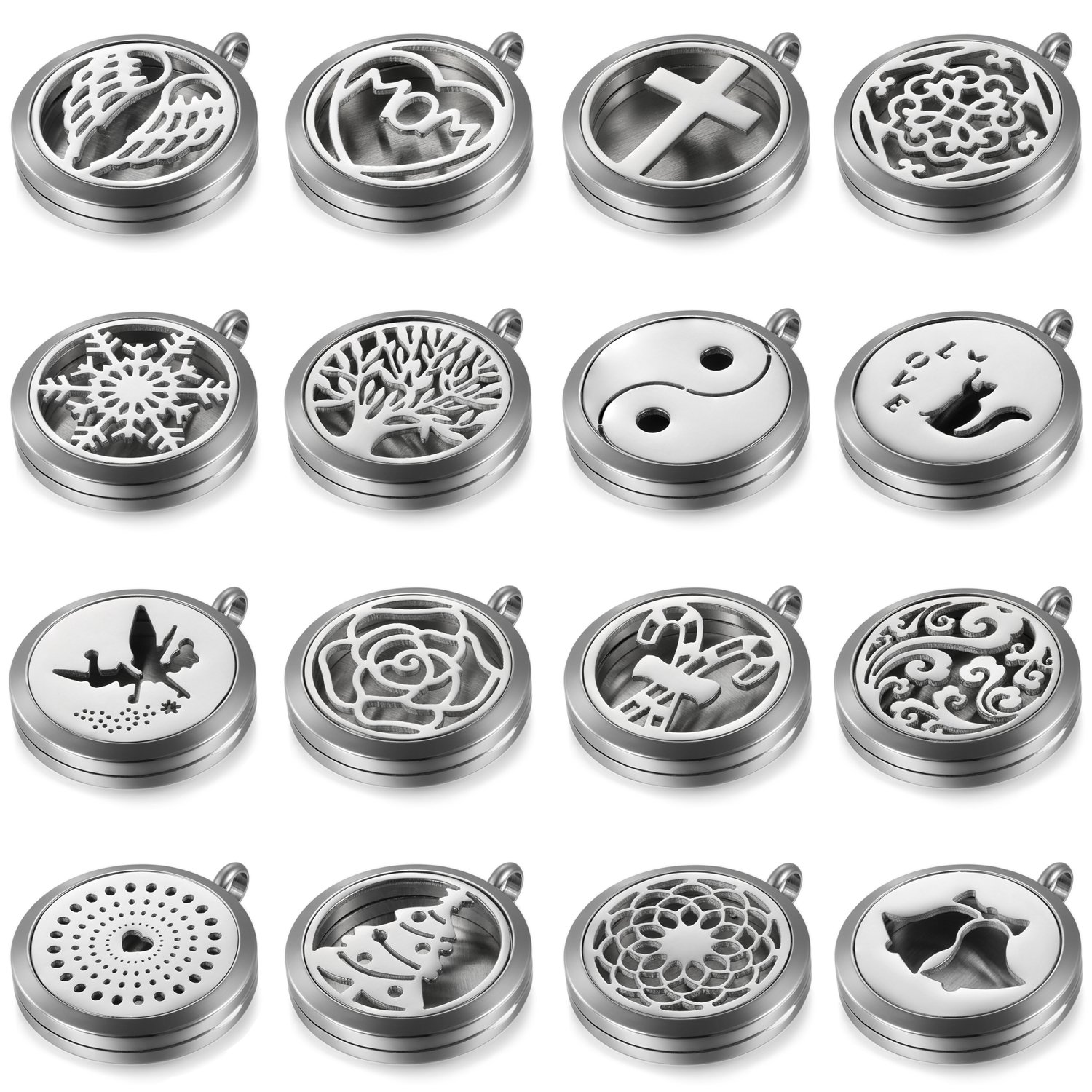 JewelryWe 16PCS Set Damen Halskette, verschiedene Design Edelstahl Aromatherapie Ätherische Öle Diffusor öffenbar Floating Medaillon Locket Anhänger mit 6 Bunt Filzkreisen und 45cm Kette, Silber