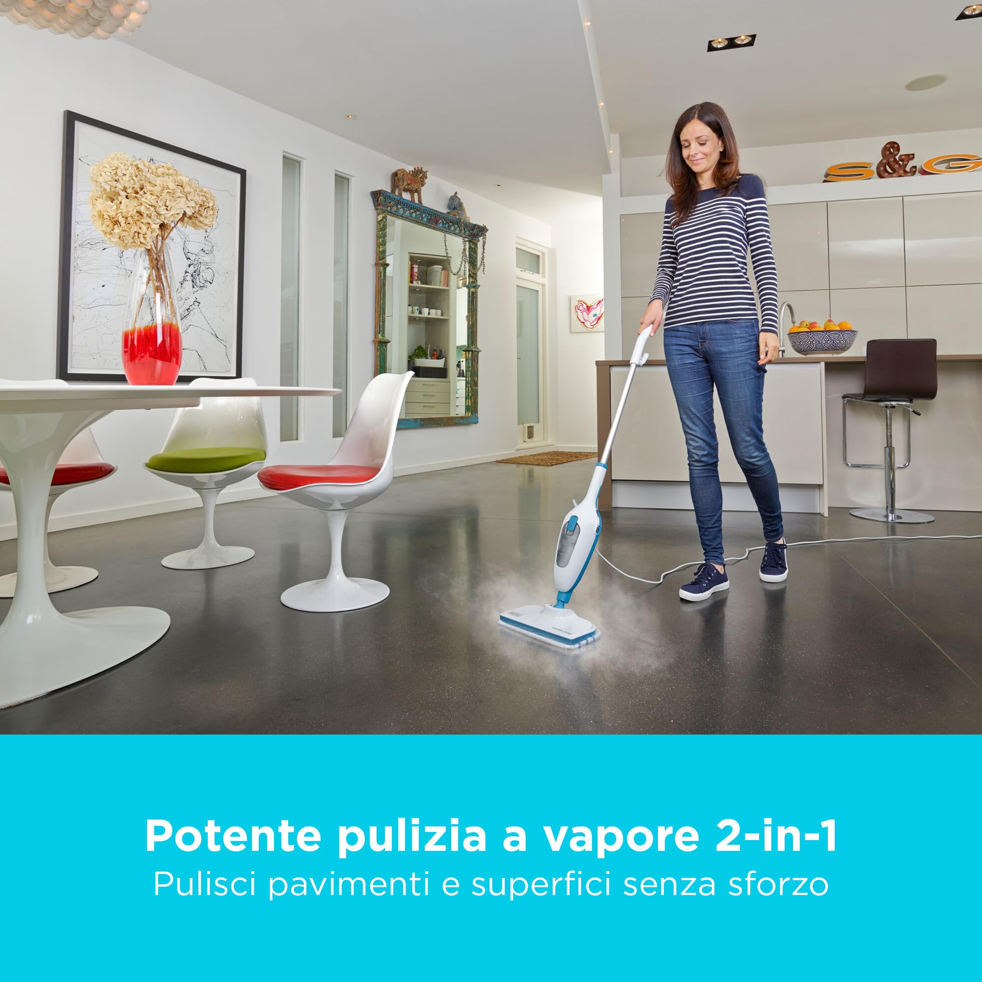 BLACK+DECKER Scopa a vapore 2 in 1 con pulitore portatile multifunzione con 5 accessori, FSMH13E5-QS