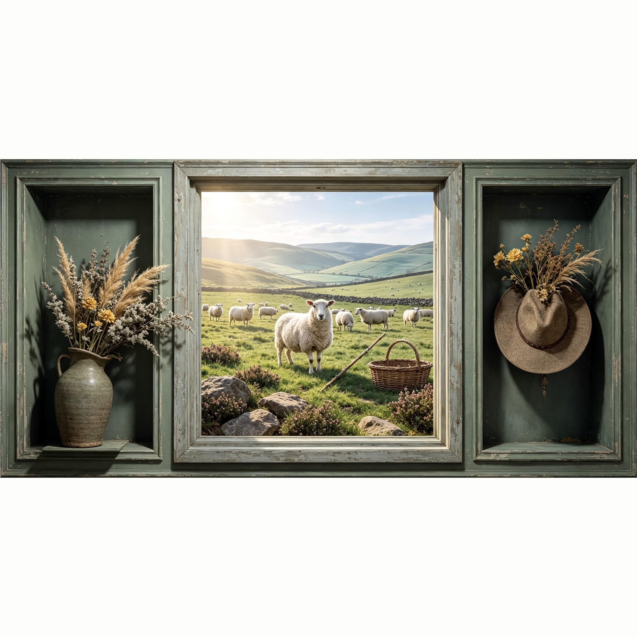 QZLITHOTIC 50x100cm 3D Framed Wall Art， Farmhouse Pastoral Sheep Landscape Window View Self‑Adhesive Mural， Water‑Activated Peel & Stick Fabric Decor Wall Decal for Bedroom Living Room