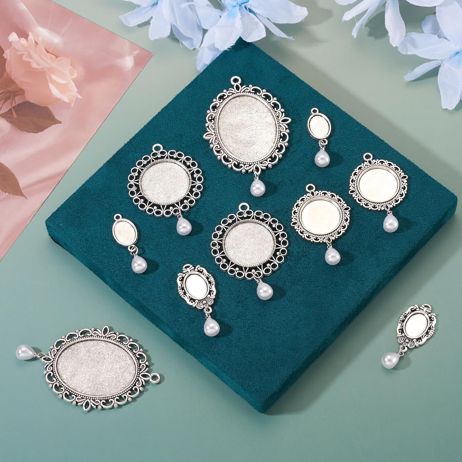 Cheriswelry 10Pcs Round Oval Bezel Pendant Trays Setting Tibetan Alloy Blank Cabochon Base with Plastic Dangle Pearl Charm for DIY Photo Frame Jewelry Necklace Keychain Making - Image 5