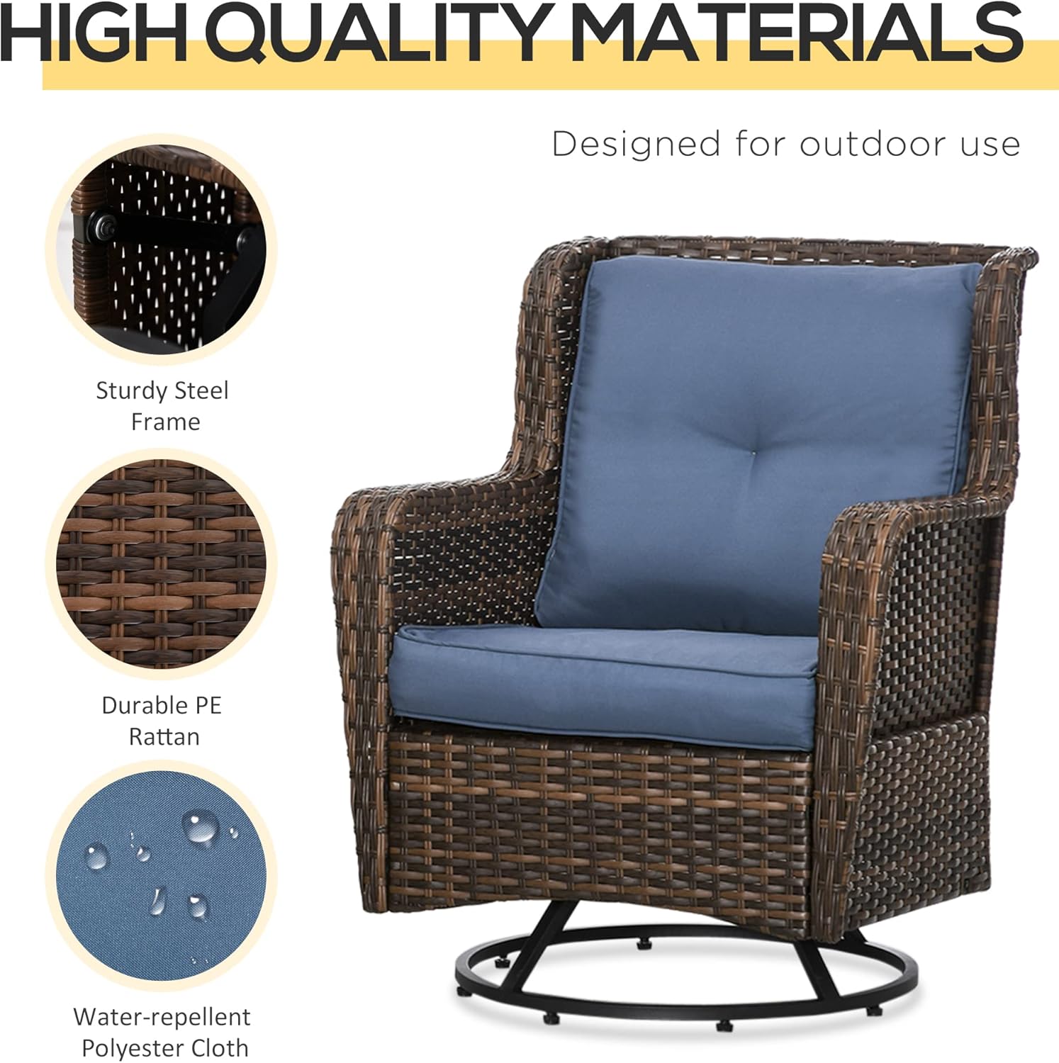 Outsunny 3 Piece Wicker Patio Bistro Set with Cushions, PE Rattan Outdoor Porch Furniture with 360° Swivel Chairs, and Glass Top Table for Backyard, Garden, Pool, Dark Blue