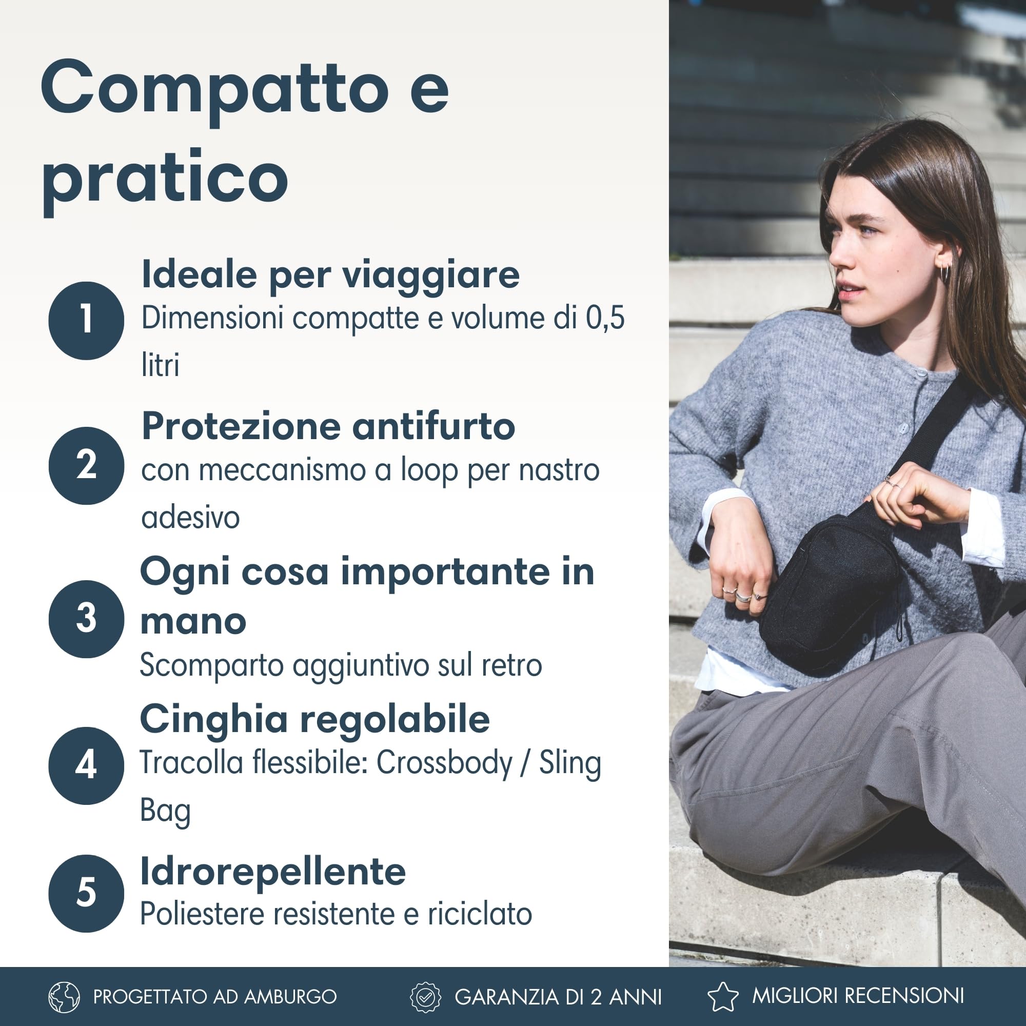 LARKSON Borsa a Tracolla Monospalla Donna Uomo - Nils - Chest Bag per Festival, Escursionismo, Viaggio, Città - Scompartimento Antifurto per Cellulare, Chiavi, Portafoglio - Idrorepellente