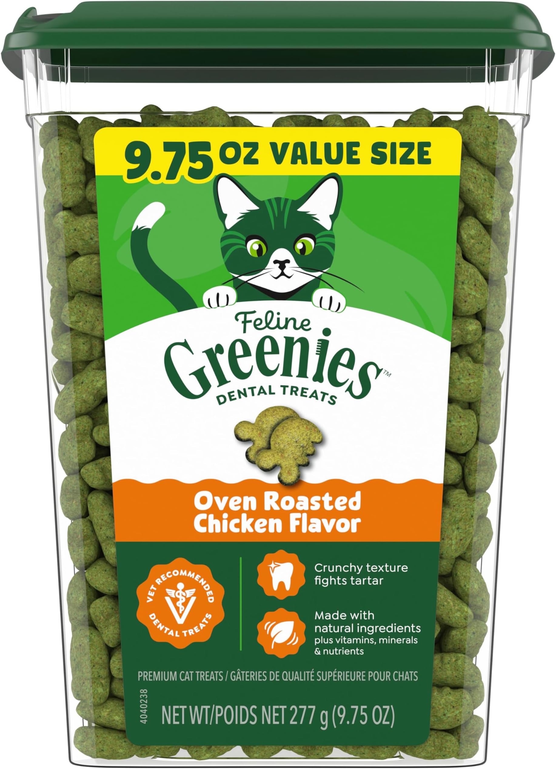 FELINE GREENIES Adult Dental Cat Treats, Oven Roasted Chicken Flavor, 9.75 oz. Tub