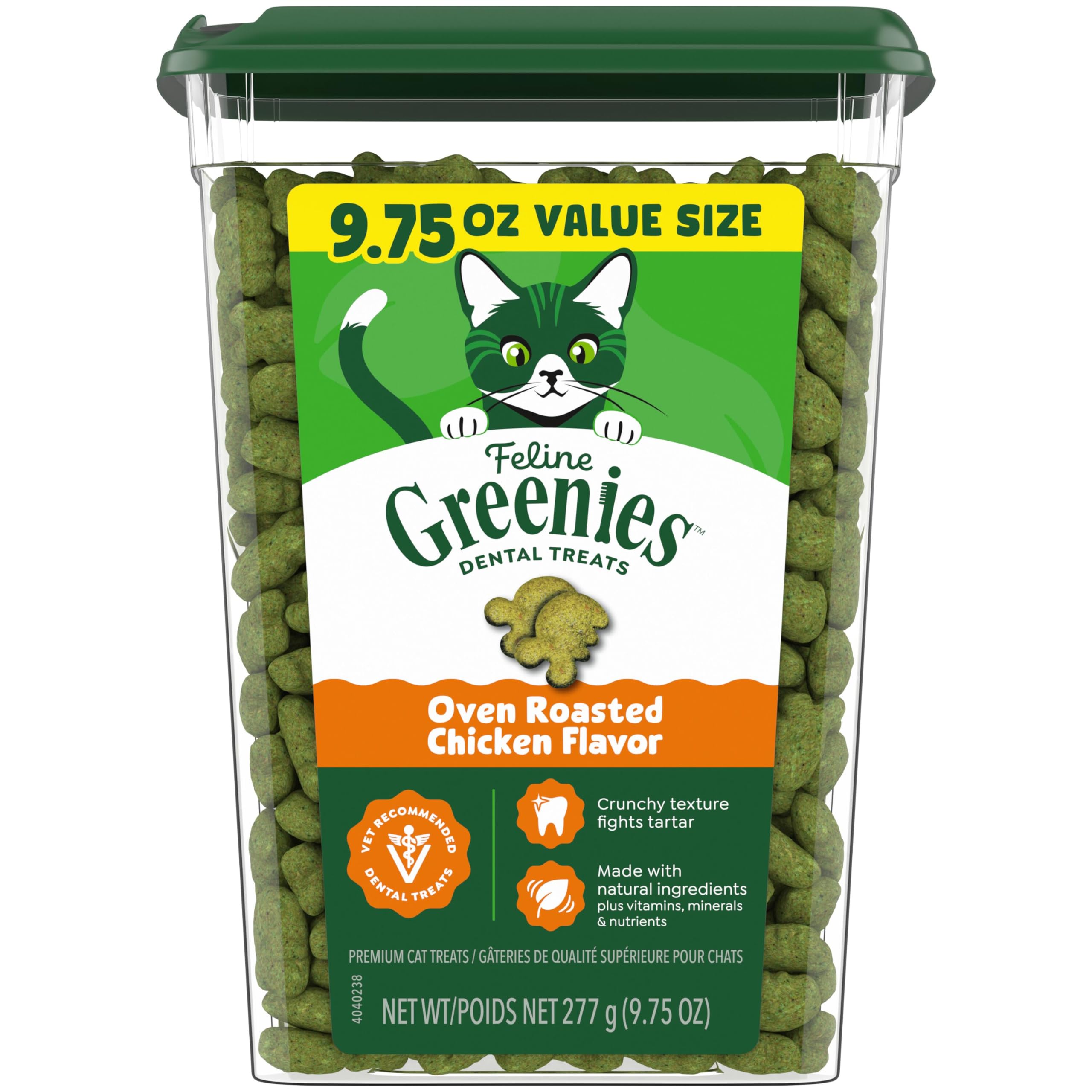 Greenies Feline Adult Dental Cat Treats, Oven Roasted Chicken Flavor, 9.75 oz. Tub