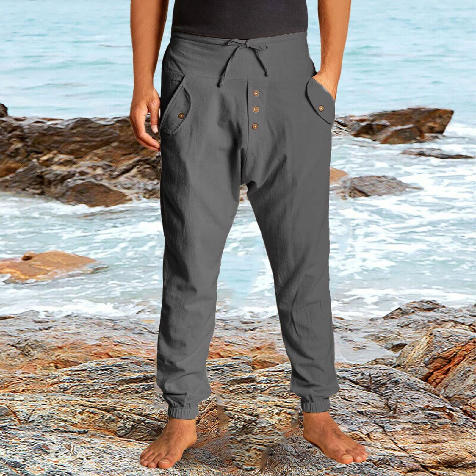 Generico Pantaloni Sportivi Cargo da Uomo Pantaloni di Lino da Uomo con Bottone a Pressione Casual Elasticizzati a Righe La vestibilità Slim con Stampa Quri Casual Spiaggia Leggeri Estivi