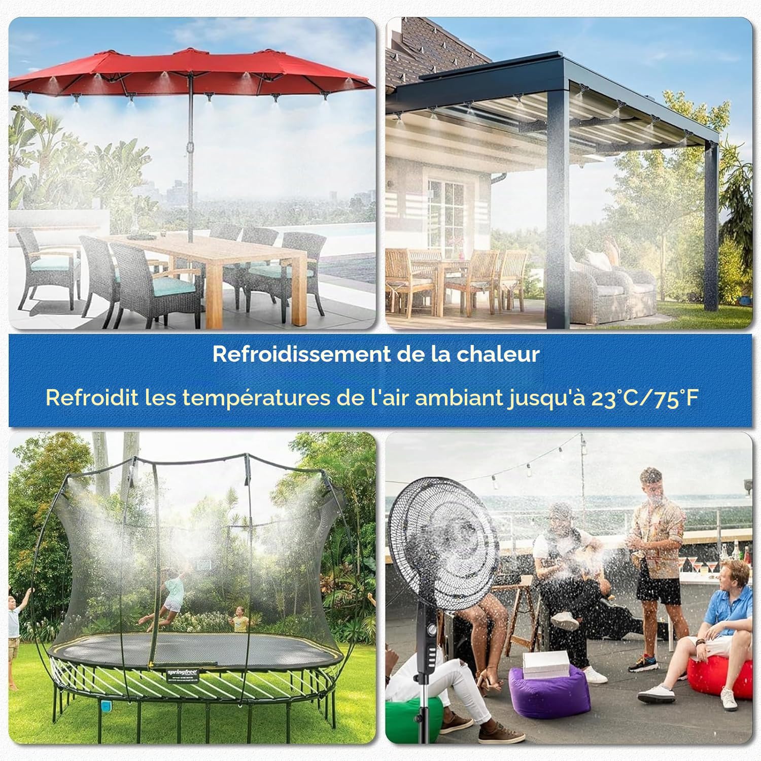 Système de brume extérieure pour terrasse extérieure, système de refroidissement par brumisation de 20 m + minuteur d'eau, tuyau de brume d'eau pour jardin, serre, parapluie, terrasse, auvent,
