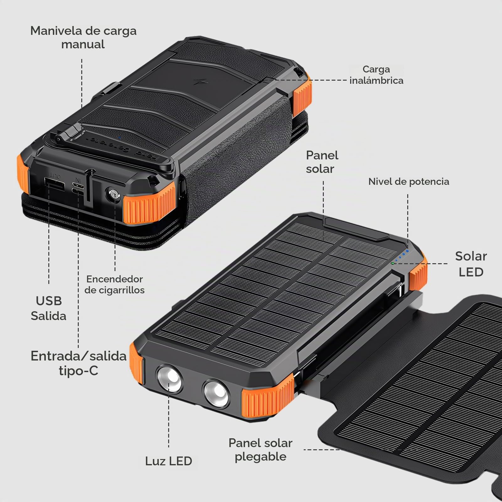 Super Power Bank Solar, Sestuplo Wireless 20.000 mAh + LED de alta intensidad + 3 puertos de carga rápida 22,5 W | Cargador solar | Cargador portátil | Batería solar