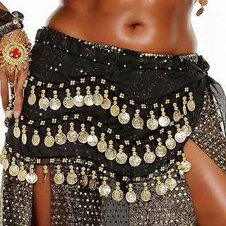 Hip Scarf for Belly Dancing, Women's Belly Dance Scarf with 128 Gold Coins Skirts for Bellydance, Zumba or Yoga Class