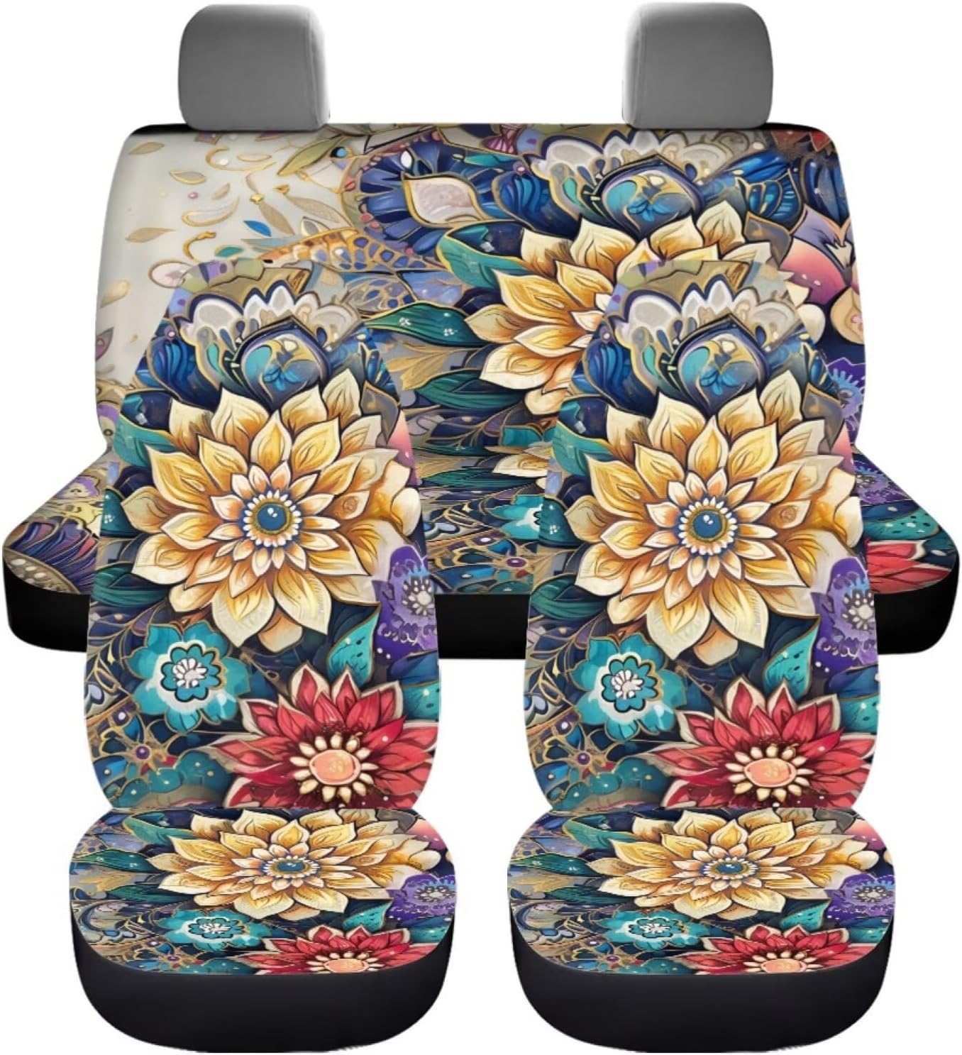BIGCARJOB Blossom Lotus Car Seat Covers Full Set for Women Auto Interior Seat Accessories Set 4 Pcs Blossom Hippie Flower Print Auto Seat Protective Cover Split Bench Cover,Universal Fit