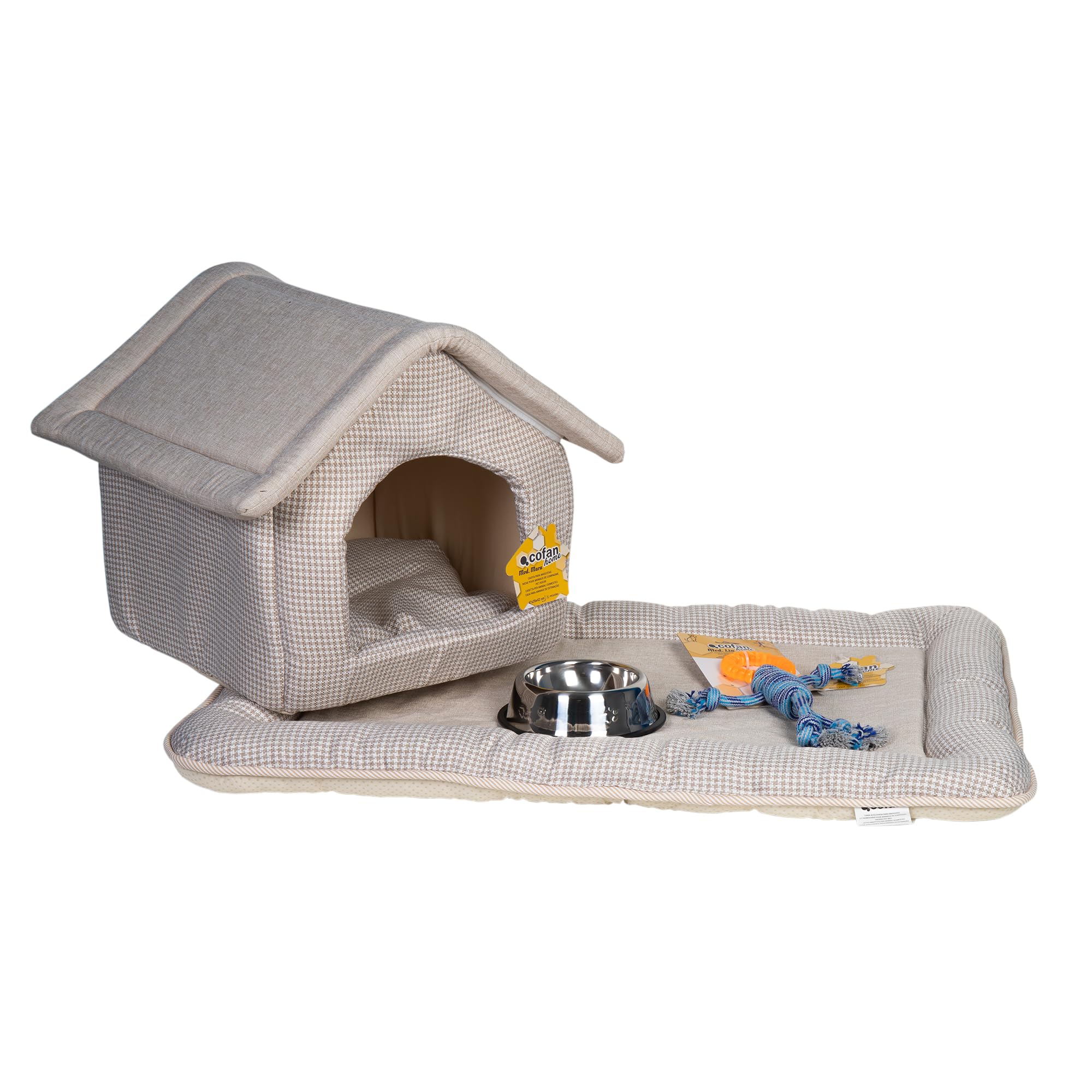 Cofan Set de Productos del hogar para Mascotas | Kit de 4 Accesorios para el Bienestar de Las Mascotas | Casa, Cama, comedero Bebedero y Juguete