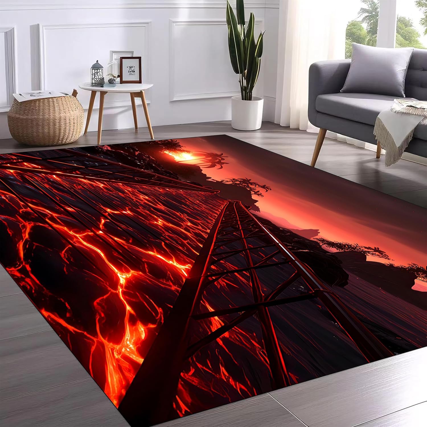 Lava Rug 3D Flame Abstract Staircase Area Rug Washable 3D Optical Illusion Rug Hawaiian Island Background Soft Non-Slip Rug for Living Room, Bedroom, Apartment, Office Home Decoration 2x5ft