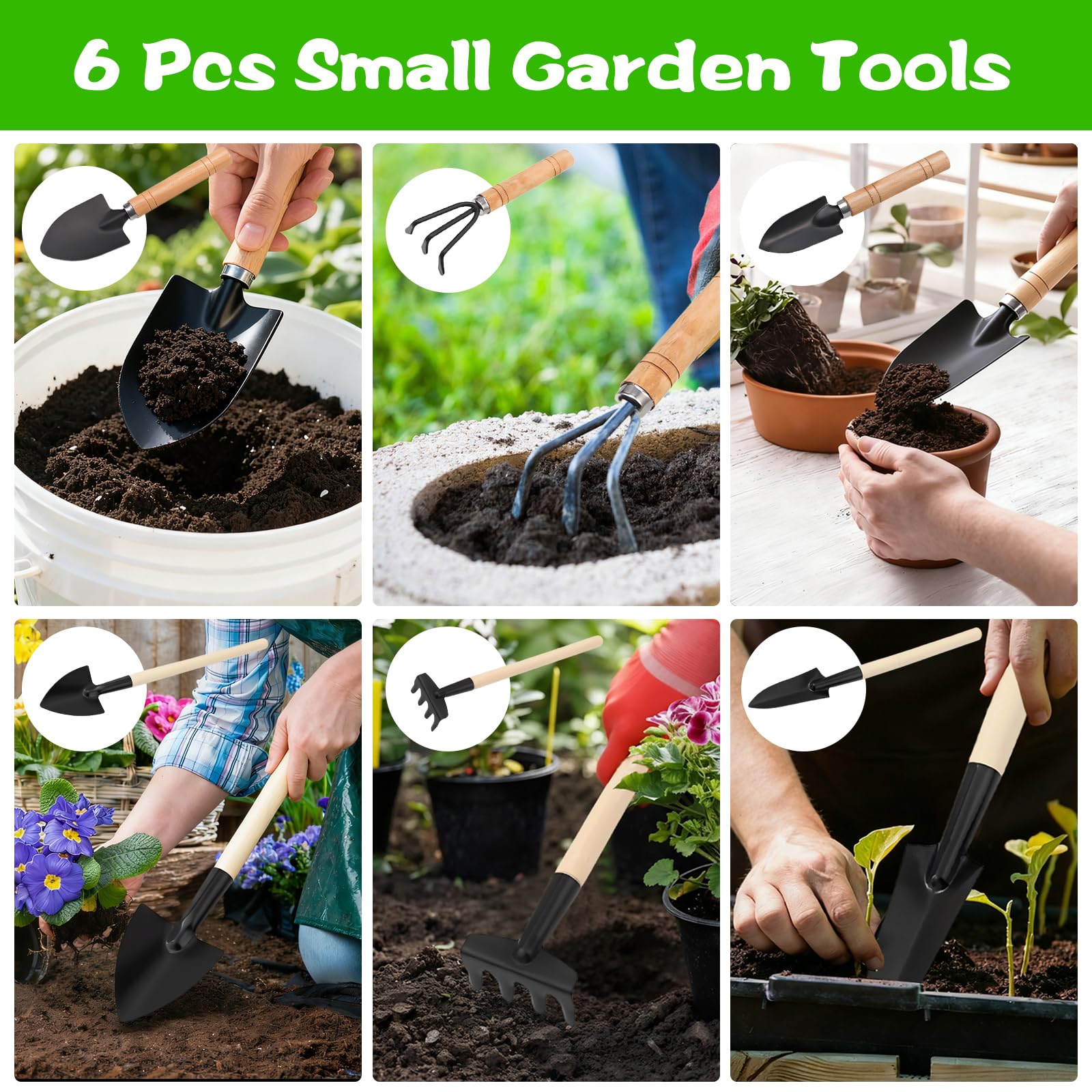 6 Juego de Herramientas de Jardín, Mini Herramientas Jardineria, Herramientas de Jardín Pequeñas, Kit de Jardinería Mango de Madera, Pala, Pala Pequeña, Rastrillo, para Suculentas, Plantas en Maceta
