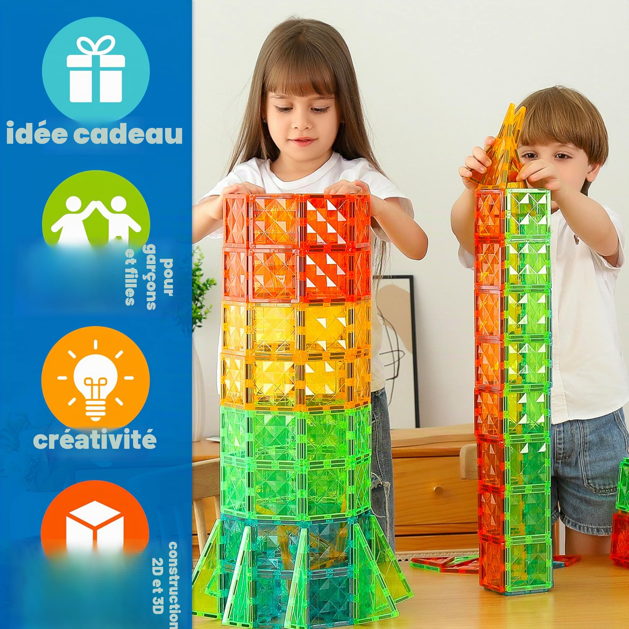 GEOMAG - Magnetic Tiles Gems 100 Pcs, Construction Magnetique Enfant, Tuiles et Bloc de Construction Magnétiques 4 Formes, Jeux Enfant 3 Ans +, Jeux Éducatifs Montessori STEM, Cadeau Noël Anniversaire