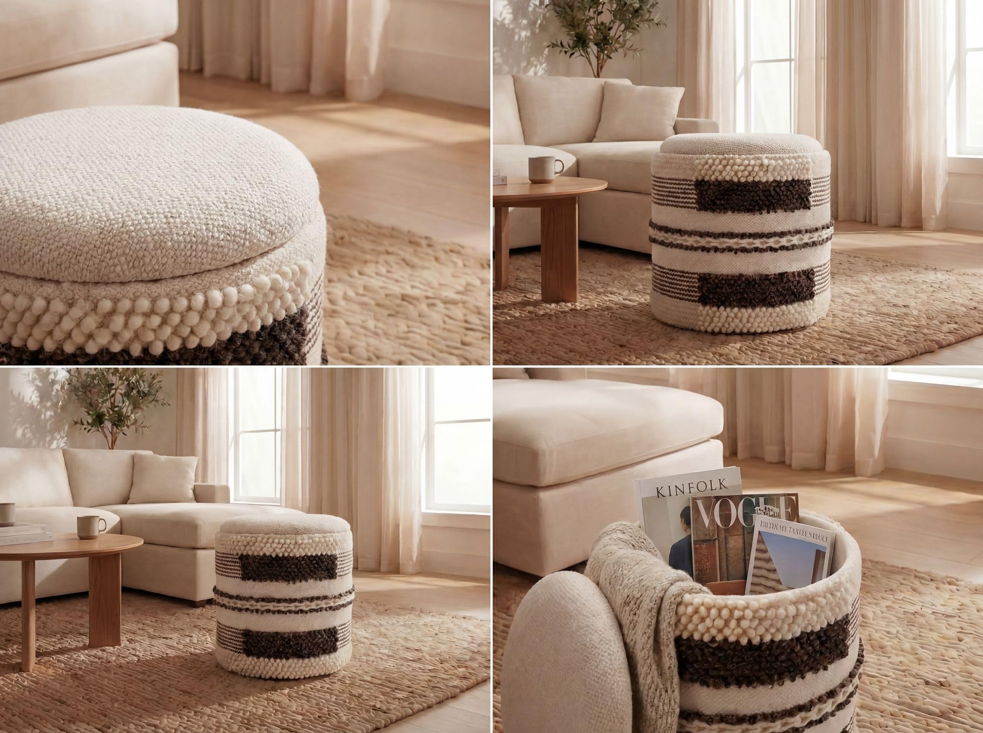 FineBuy Pouf Rotondo 40 cm Lana Beige con Vano Contenitore | pouf imbottito coperchio amovibile, pouf in tessuto in stile boho, sgabello da toeletta fino a 120 kg, artigianale
