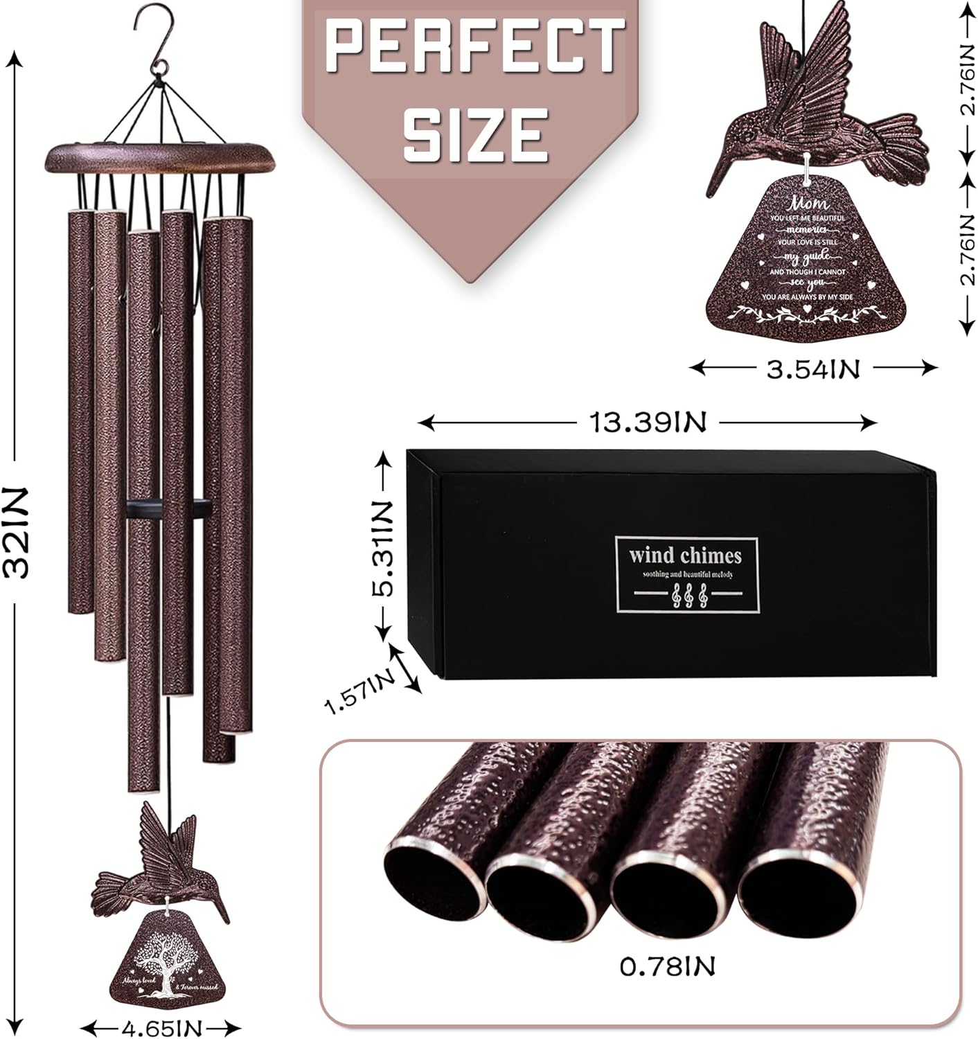 Memorial Gifts for Loss of Mom Hummingbird Wind Chimes for Outside 32", Sympathy Gifts for Loss of Mom, Bereavement/Condolence/Remembrance Memorial Sympathy Wind Chimes for Loss of a Mother