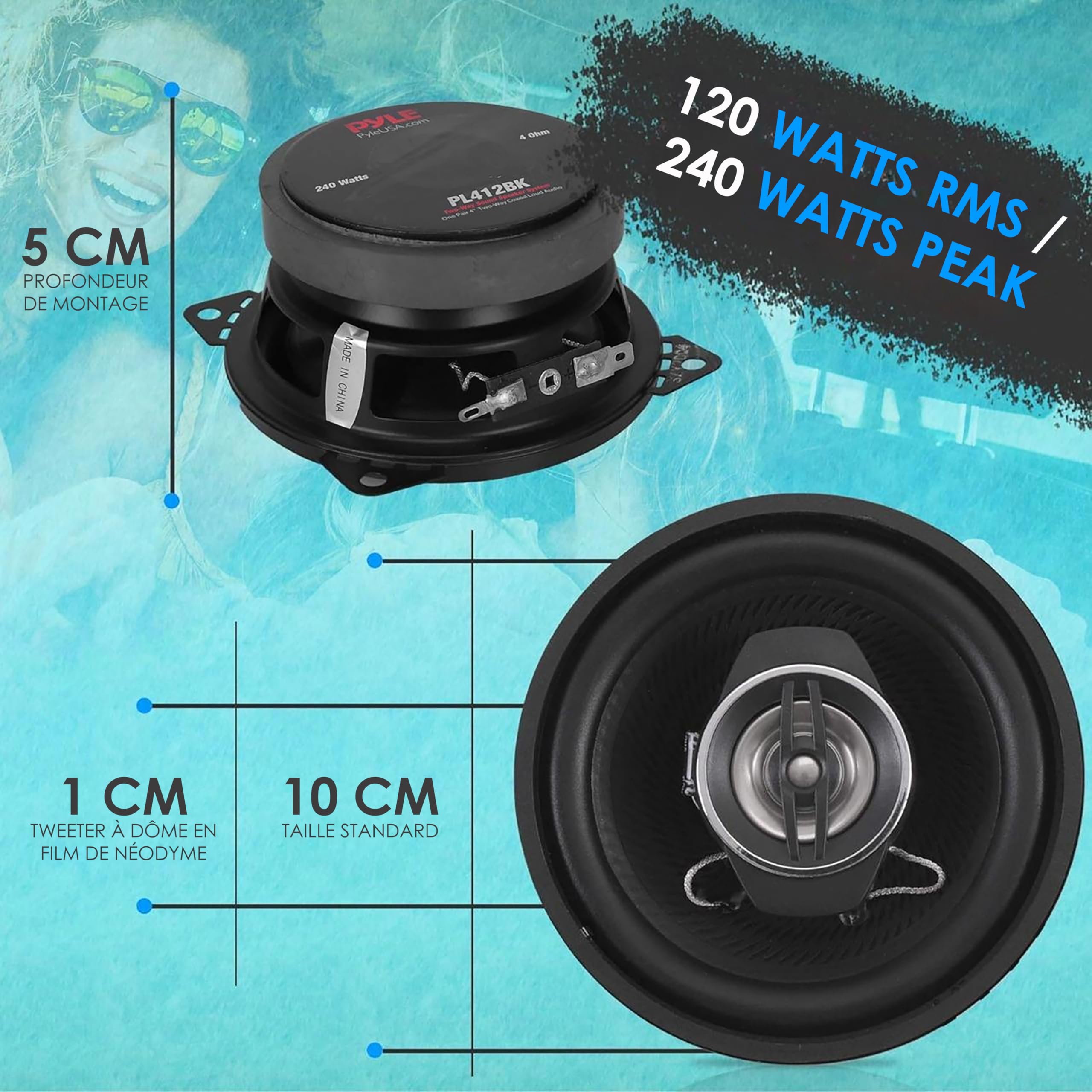 Pyle Haut-Parleurs Voiture 8.9 Cm 120W Paire – Coaxial 2 Voies, Profondeur 4.1 Cm, Remplacement OEM Facile, Son Puissant