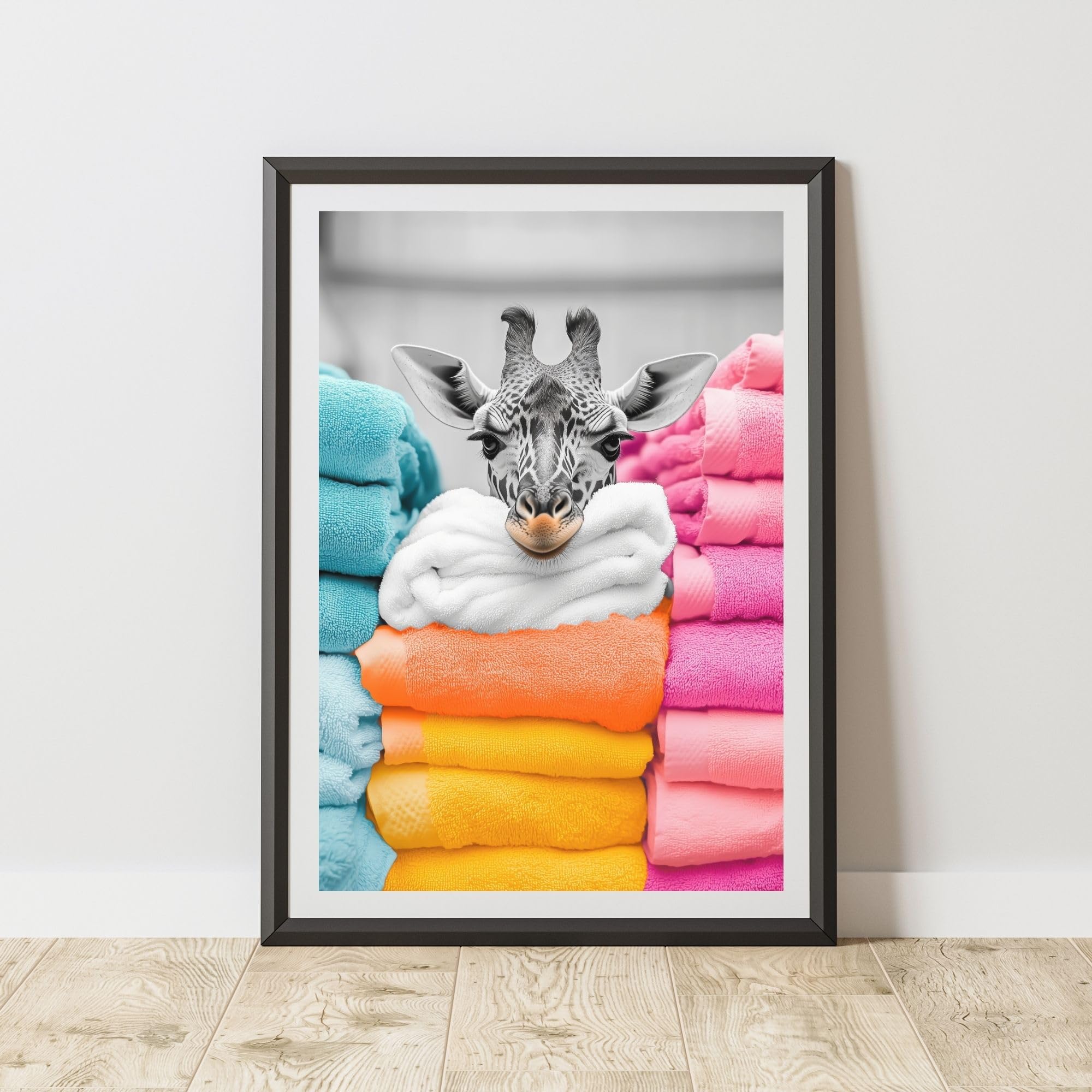 60 Second Makeover Giraffe Colourful Towels Print Wall Art Utility Room Accessories Bathroom Art Home Decoration Laundry Room Wall Decor Bathroom Accessories No Frame - A3