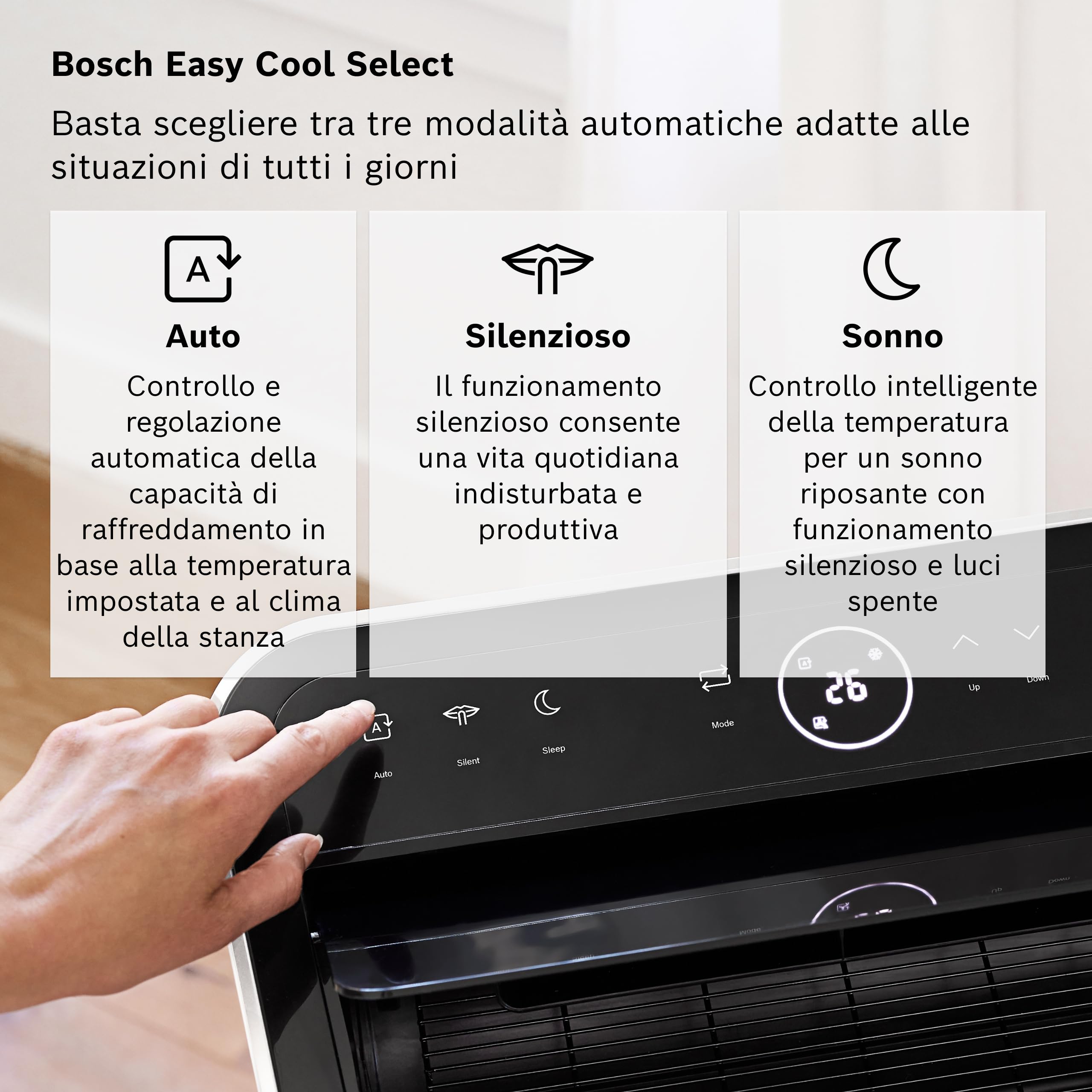 Bosch Cool 5100 Climatizzatore portatile - Climatizzatore 3 in 1, deumidificatore, ventilatore - 3,4 kW per ambienti fino a 46 m² - Con modalità Auto, Silent e Sleep