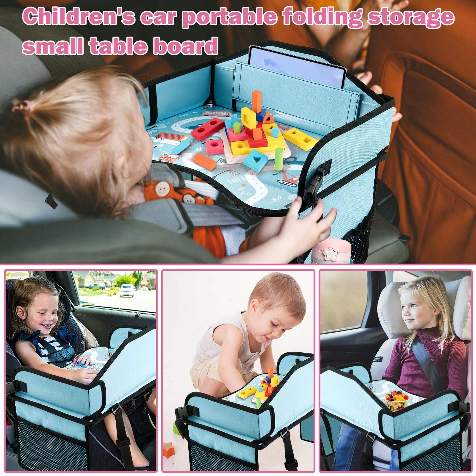 Plateau de voyage pour enfant - 43,5 x 33 cm - Avec bandoulière - Poches latérales - Pliable - Siège enfant - Table de voyage - Siège auto - Pour voyage d'enfant - Bleu
