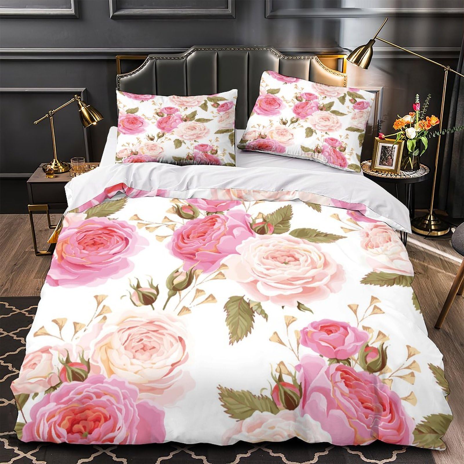 Housse de couette 220x240 roses roses parure de lit microfibre 3D douce