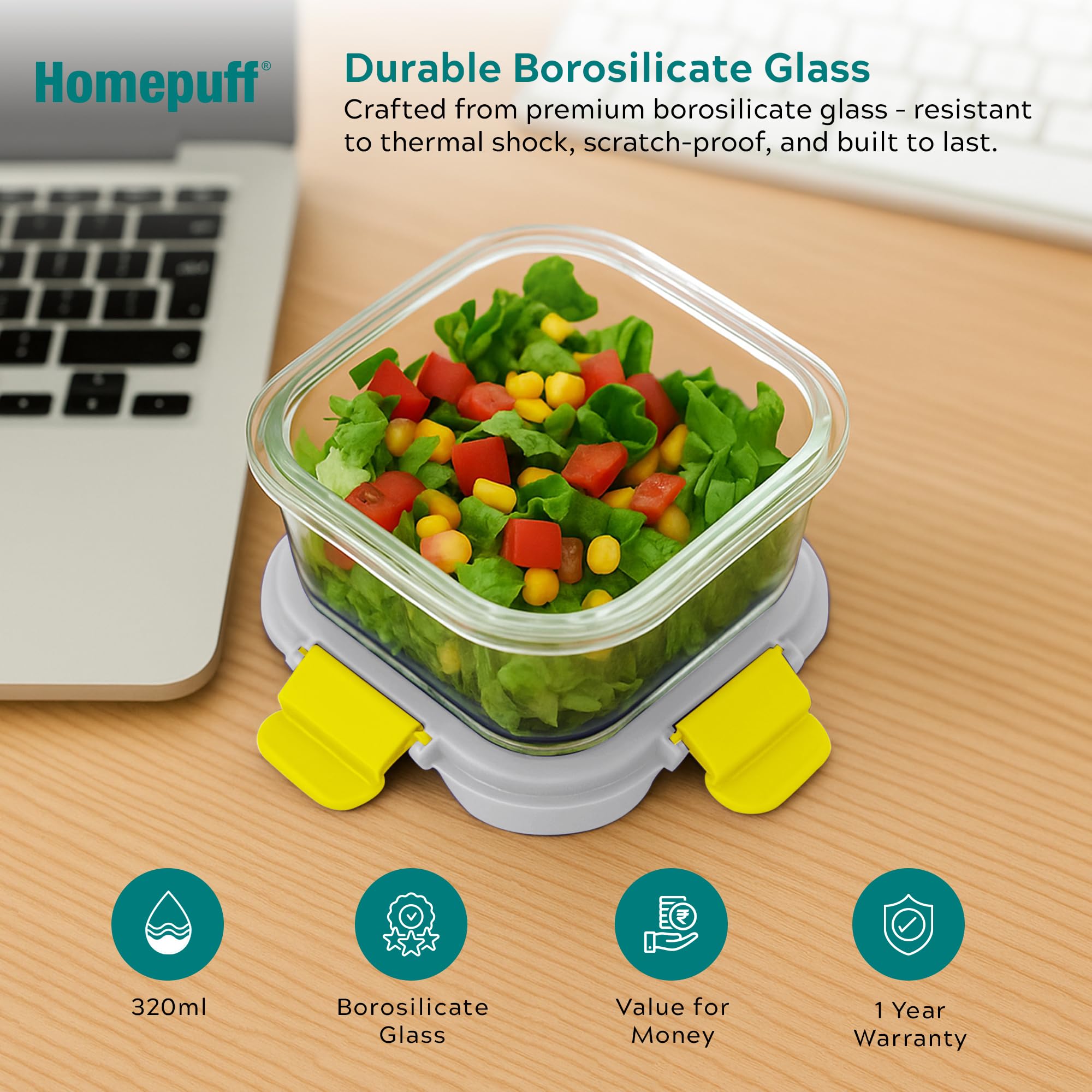 Home Puff Glass Lunch Box - Leakproof & Stackable -6