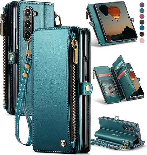 Miniatura 10 de Defencase Funda tipo cartera compatible con Samsung Galaxy Z Fold 5 con bloqueo RFID y ranura para bolígrafo S, de piel sintética, con cierre