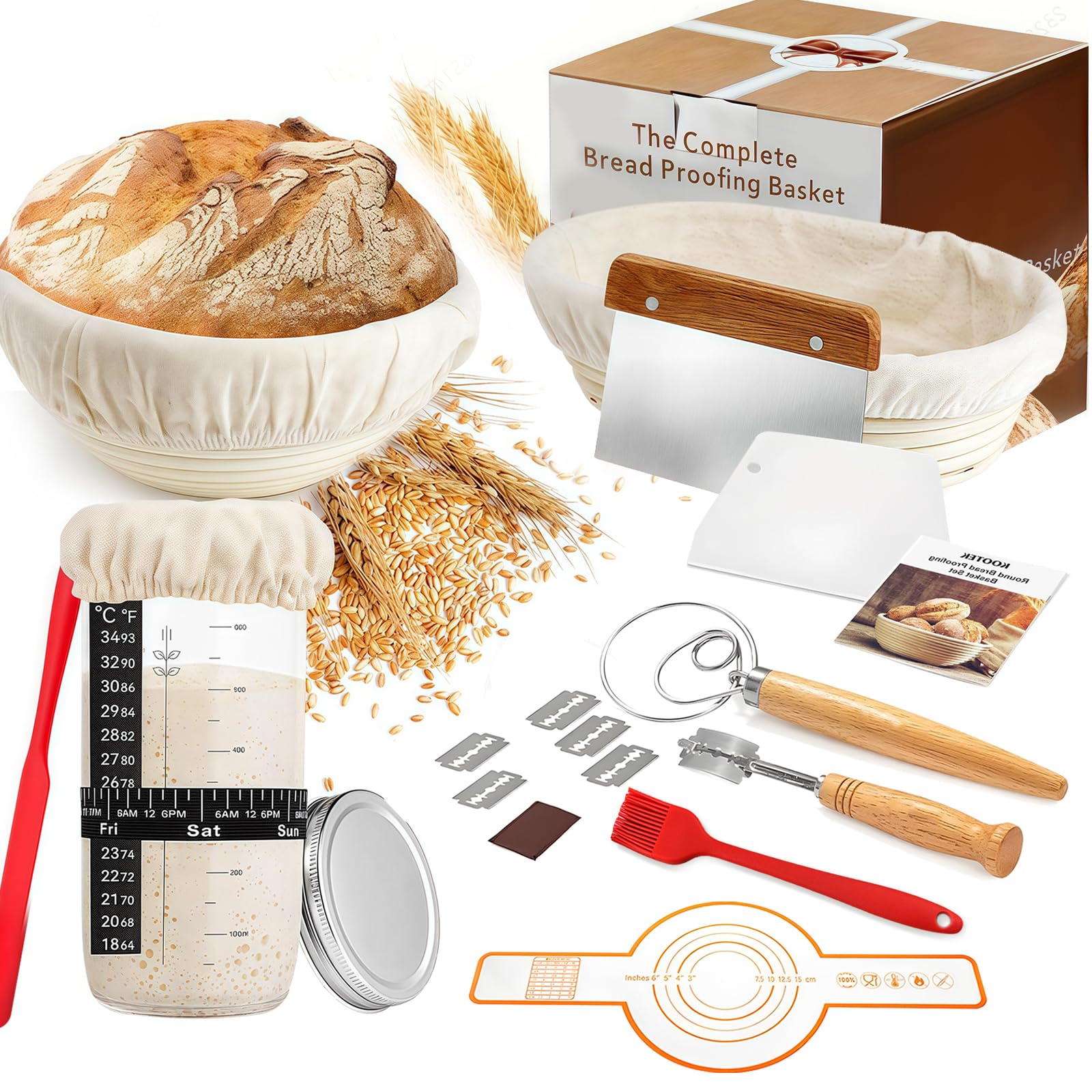 Biigdan Sauerteig Starter Set 17-teilig, Gärkorb Brot Set mit 2 Rattan | Gärkörbchen 23 cm rund und 25 cm oval, 650 ml Sauerteigglas, Brotbackzubehör Komplettset für Einsteiger