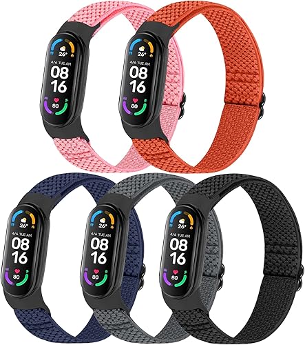 TumpCez Paquete de 5 correas de nailon Solo Loop compatibles con Xiaomi Mi Band 7 6 5 4 3Amazfit Band 5 correas, ajustable, transpirable, cómoda,