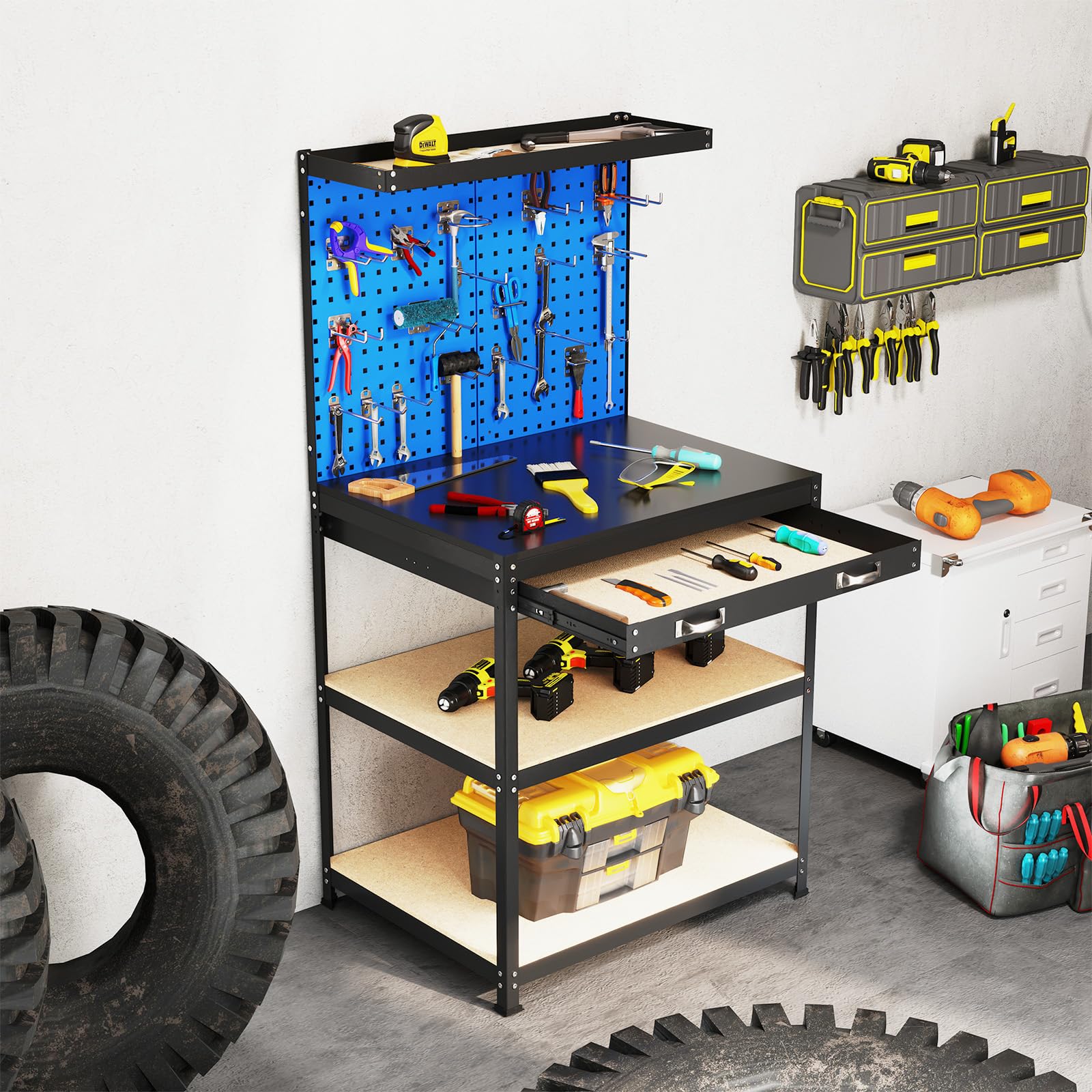 COSTWAY Banco de Trabajo Taller, Capacidad de 225 kg, Mesa de Trabajo con 3 Paneles de Perforación, 2 Cajones y Estantes, 20 Ganchos para Colgar (Azul,81 x 41 x 156 cm)
