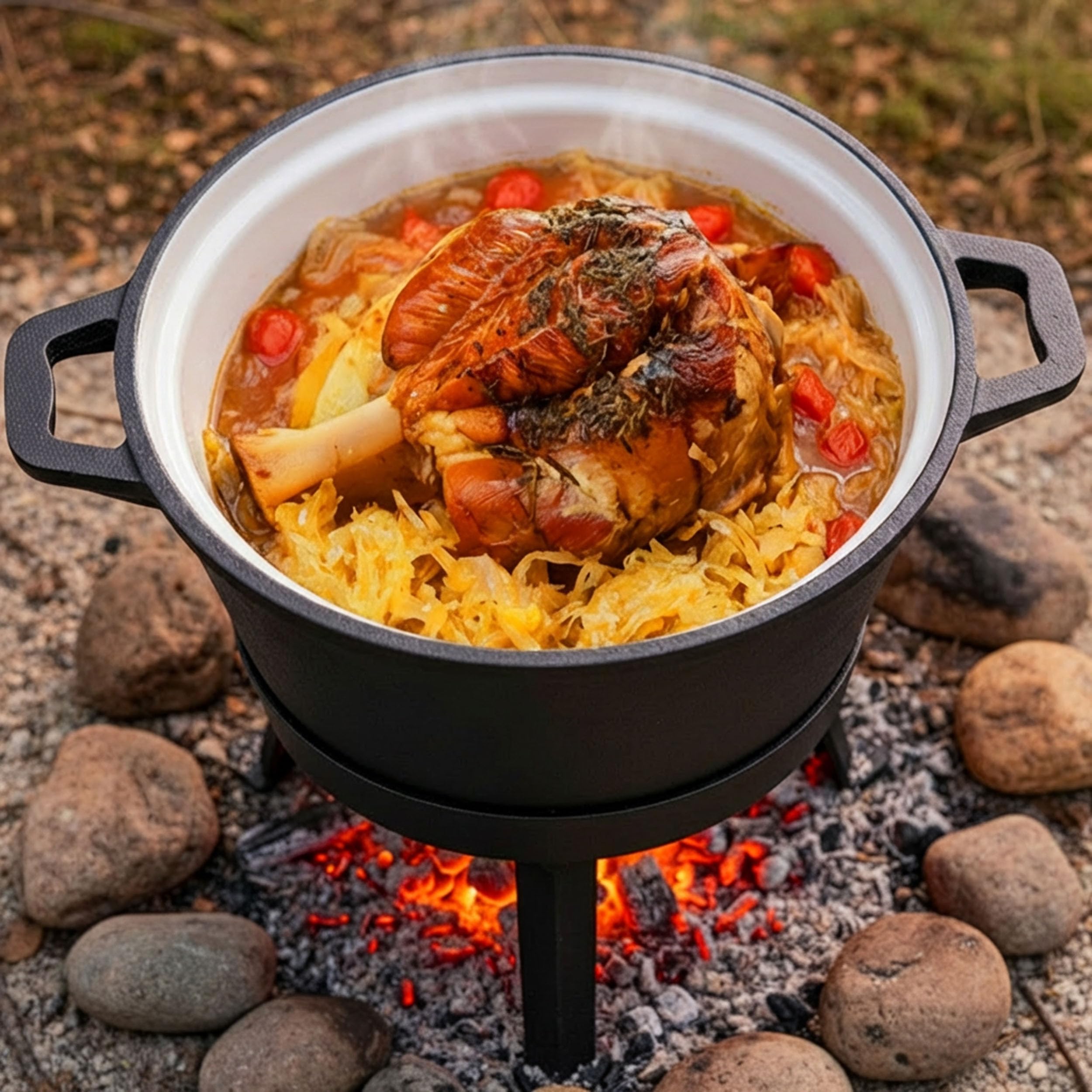 Berdsen Gusseisen Topf 8 L Dutch Oven - Emailierter Feuertopf für Lagerfeuer und Grill - 2-in-1 Deckel als Pfanne nutzbar - mit 3 Beinen und Aufhängebügel - inkl. Rezeptbuch - Schwarz