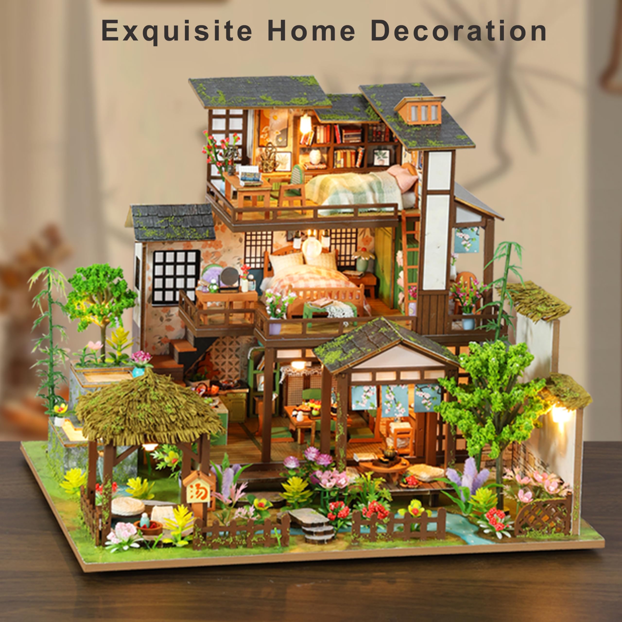 ISSEVE Miniaturhaus Bauset Tiny House Bauset Bambus Frühling Hof | Für Erwachsene, Mini-Haus-Bausätze, Miniatur-Bausatz, Puppenhaus-Kit, Bücherregal-Dekoration, Geschenke für Freunde Familie