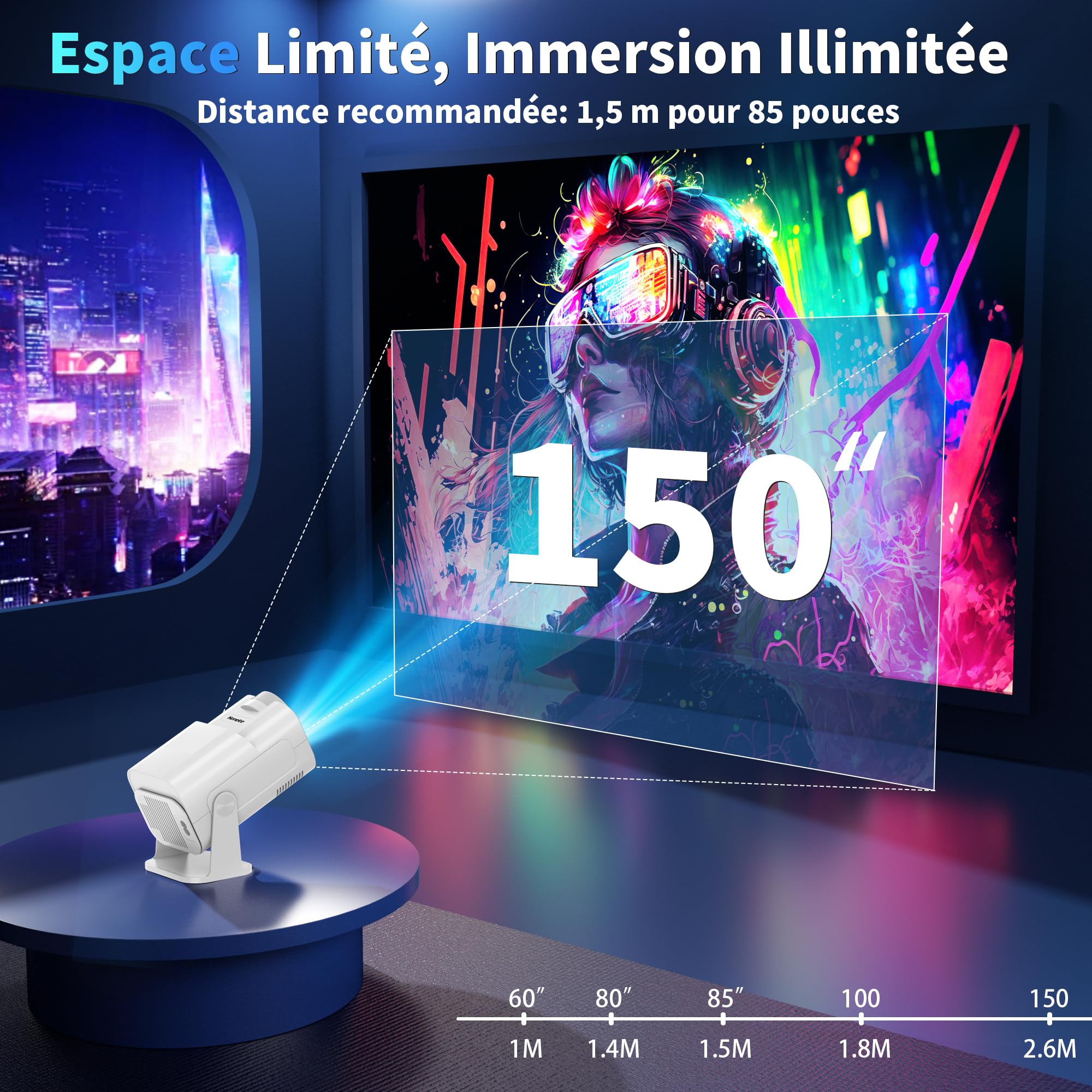 Vidéoprojecteur 4K 1080P WiFi 6 Bluetooth 5.2 Projecteur Trapézoïdale Automatique 270° Rotation HDMI Blanc