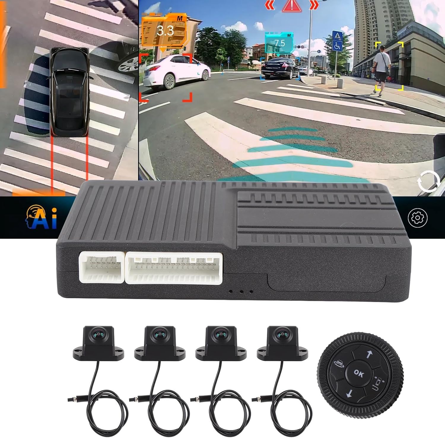 Akozon 360 Degree Panoramic View Camera System High Definition AI Recognition Front Rear Panoramic View All Round Rear View Camera for Trucks