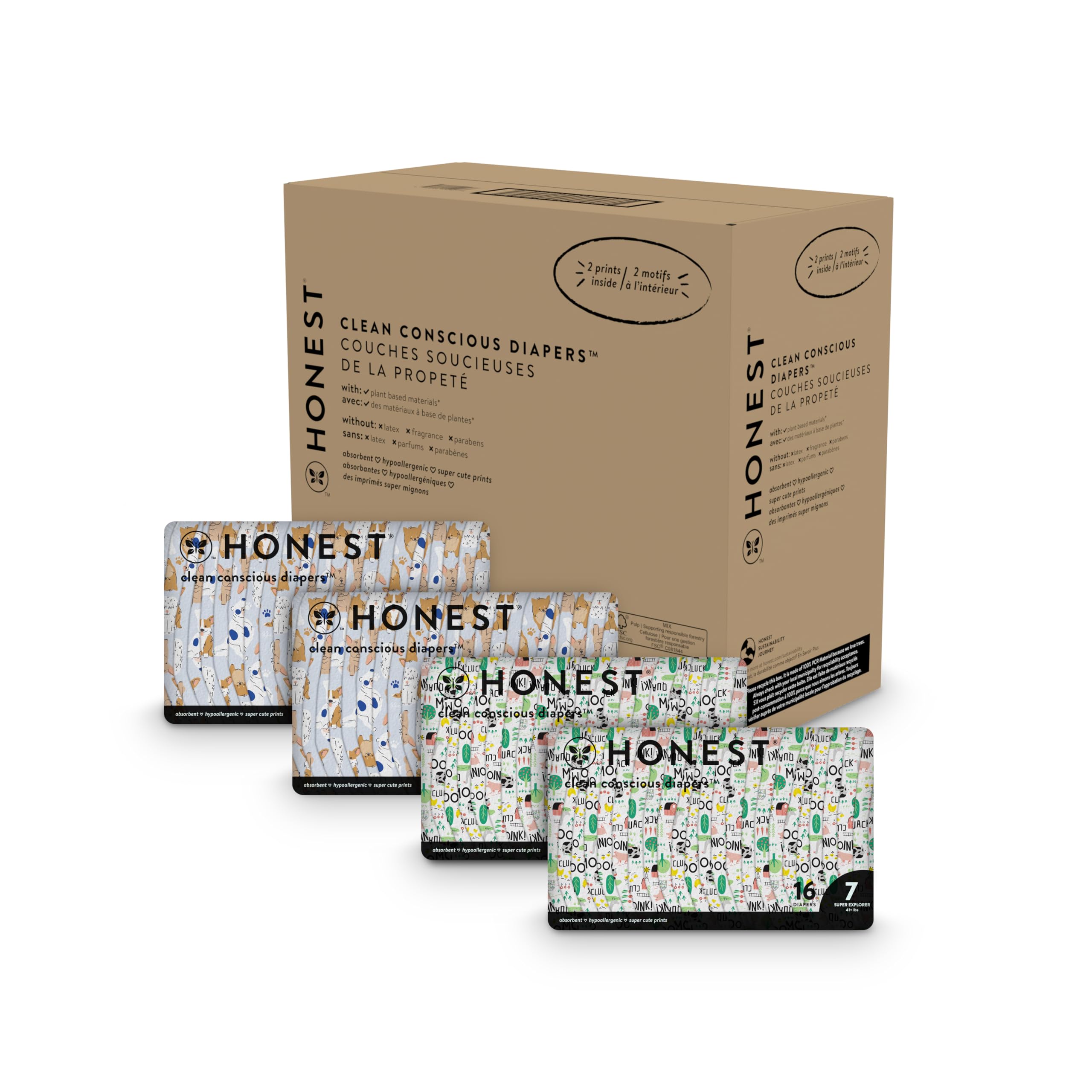 Photo 1 of The Honest Company Clean Conscious Diapers | Plant-Based, Sustainable | Barnyard Babies + It’s A Pawty | Super Club Box, Size 7 (41+ lbs), 64 Count Size 7 (64 Count) Barnyard Babies + It's a Pawty