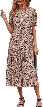 PRETTYGARDEN Women's Summer Casual Boho Dress Floral Print Ruffle Puff Sleeve High Waist Midi Beach Dresses