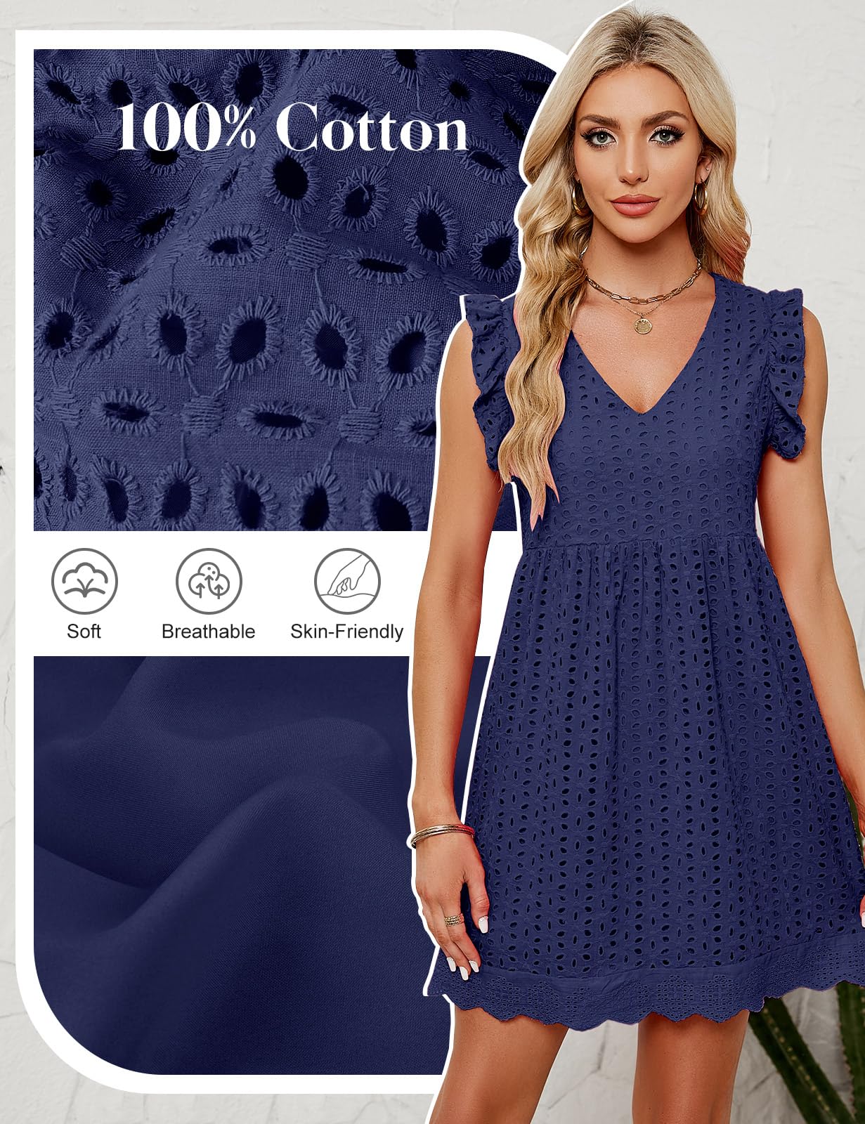 heekpek Abito Estivo Donna Scollo a V Vestito Corto Donna Cotone Senza Maniche con Volant Abiti Leggero Jacquard Abito a Canotta Casual Abito Mare da Spiaggia con Tasche