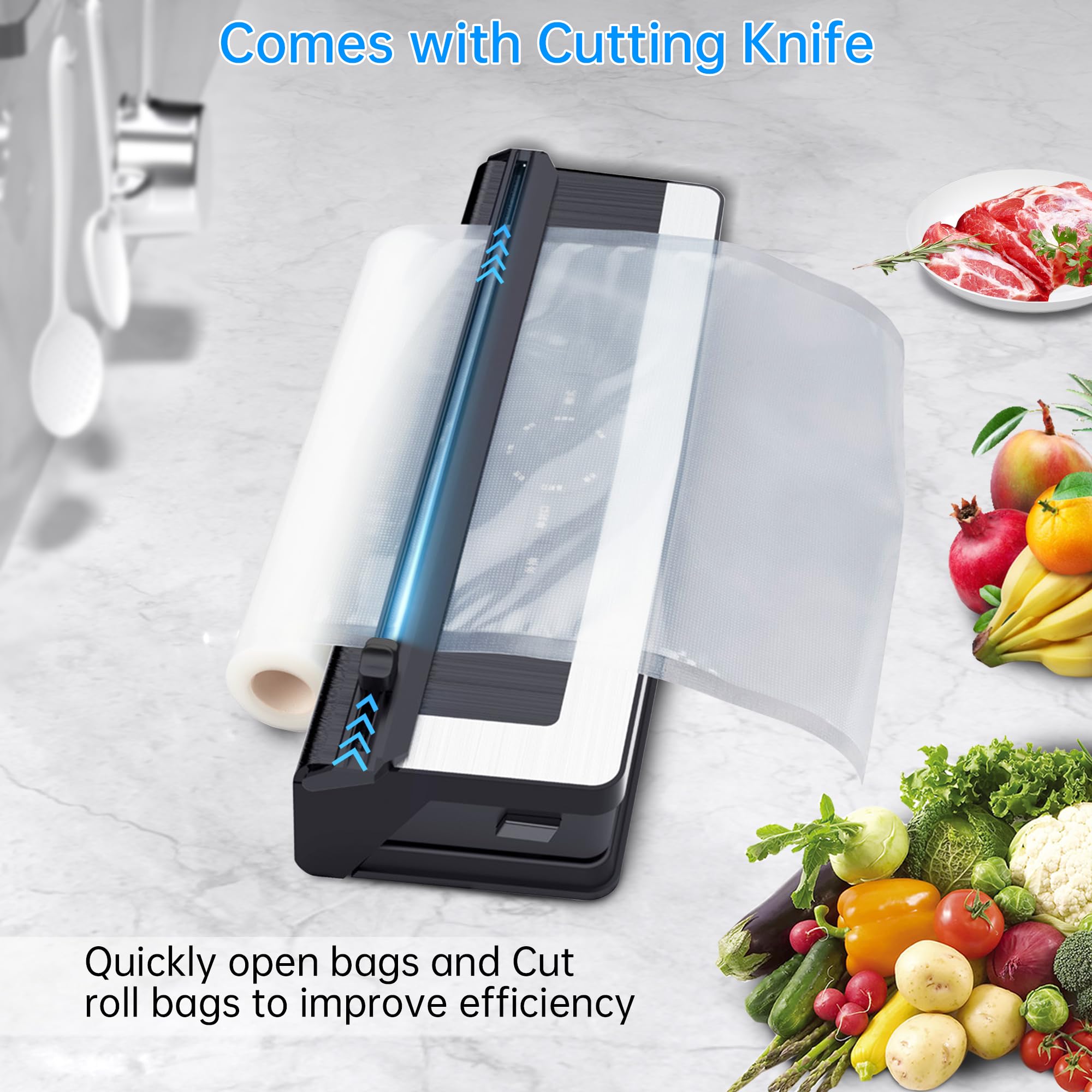 Envasadora al vacío 5 en 1, 85 KPA, sellador al vacío para alimentos, con 5 bolsas de envasado al vacío, dispositivo profesional con cortador y cuenta atrás digital, ideal para cocina y restaurante
