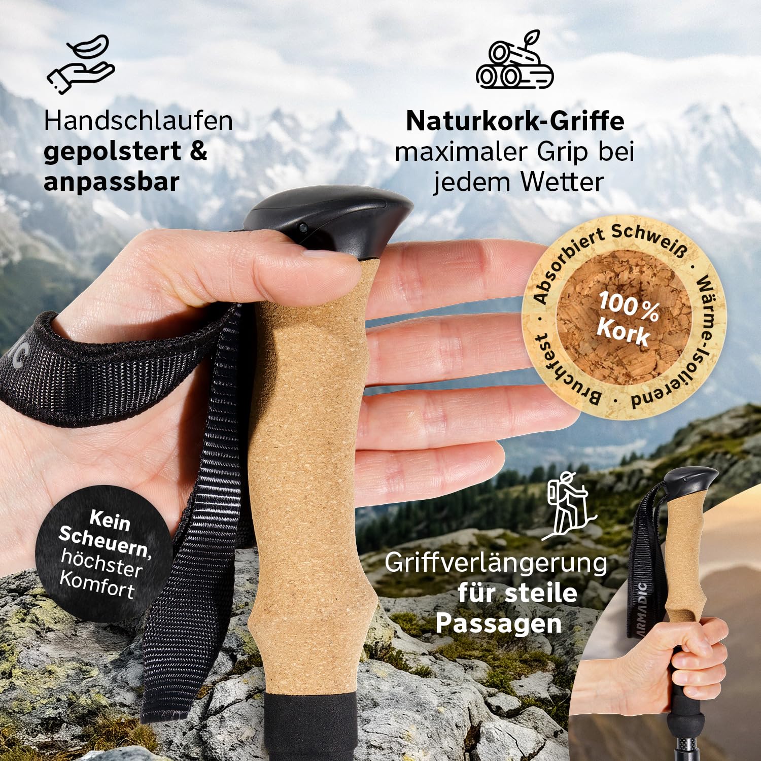 Bâtons de randonnée pliables en carbone et aluminium (seulement 240 g/295 g) avec poignée en liège | Bâtons de trekking ultra légers et réglables en continu pour la marche nordique, 115-135 cm/100-120 cm, pour homme et femme