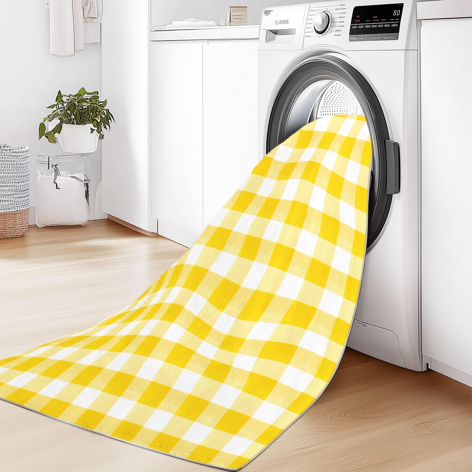 Dywaniki można prać w pralce do salonu 120 x 180 cm - miękkie pluszowe dywaniki do sypialni, dywan kuchenny antypoślizgowy geometryczne linie siatka minimalistyczny design, żółty flanelowy dywan z