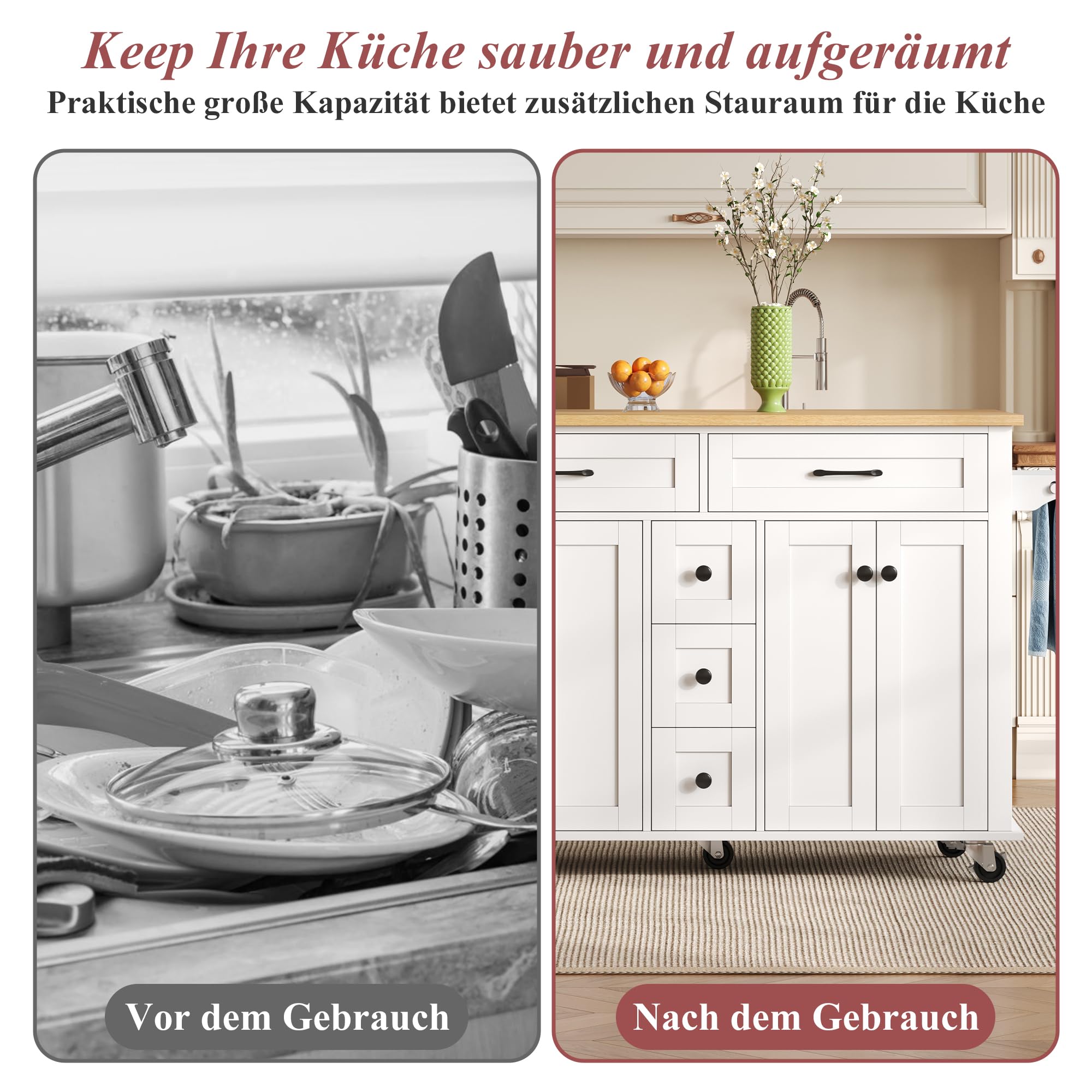 Küchenwagen auf Rollen, Moviable Kücheninsel mit klappbarer Arbeitsplatte, 140x40(65)x 89cm, Weiß Sevicewagan Esswagen 5 Schubladen, Gewürzregal & Handtuchhalter für Küche Esszimmer Wohnzimmer
